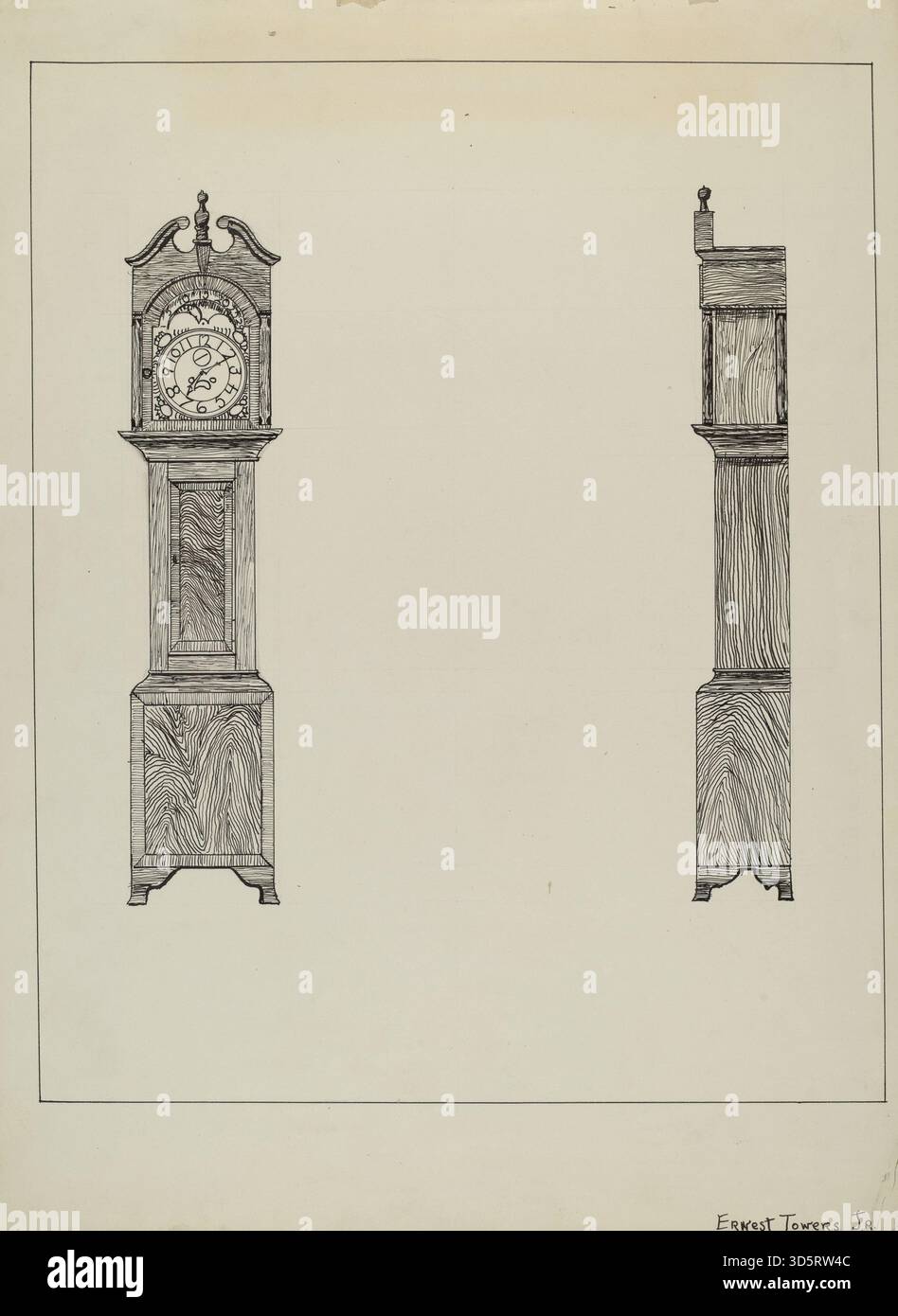 Questo orologio a nonno del 1936 di Ernest A. Towers, Jr. Mostra un'alta cassa in legno, pendolo e pesi visibili, quadrante con marcatori orari e minuti, incisioni decorative e un design tradizionale a lunga cassa utilizzato per l'orologio domestico. Foto Stock