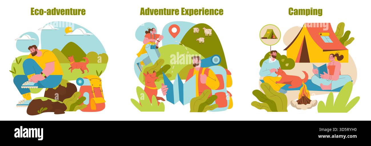 Set di illustrazioni vettoriali che raffigurano attività eco-avventurose. Le attrazioni principali includono escursioni con un cane, lettura delle mappe e campeggio vicino a una tenda. Figure che mostrano emozioni rilassate e avventurose. Illustrazione Vettoriale