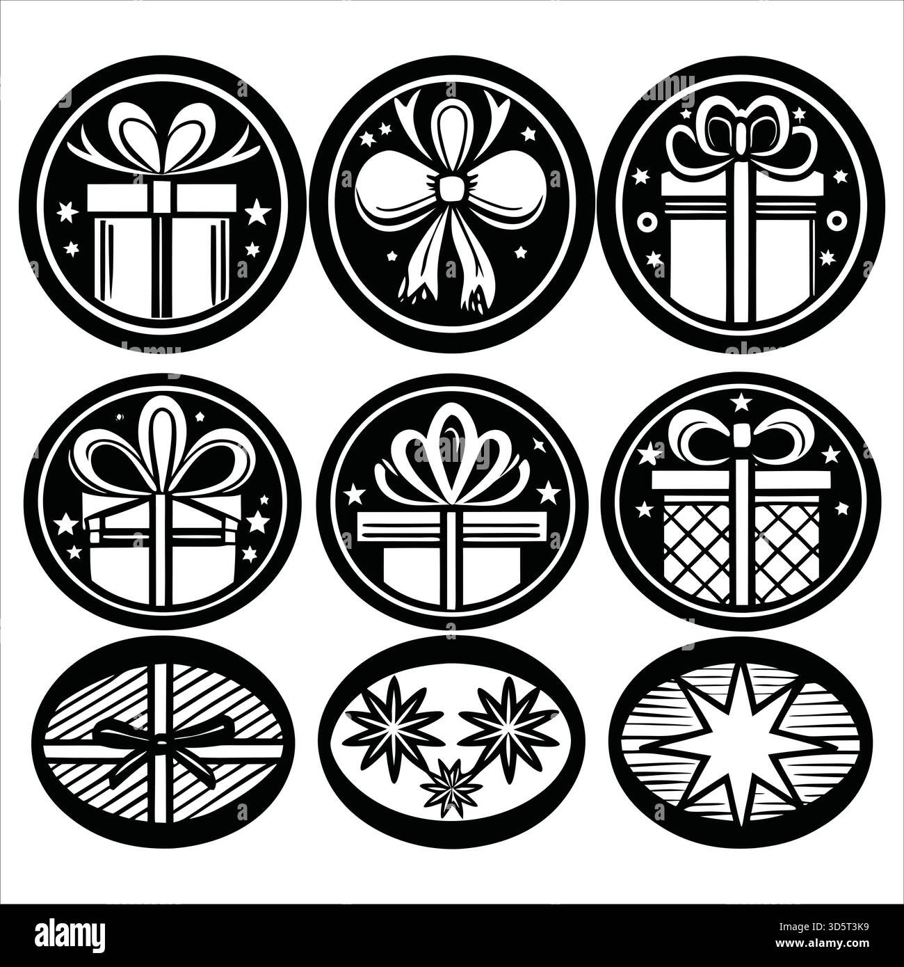 Set icone scatola regalo di Natale, stile minimalista, contorno oro, fiocchi a nastro, regali avvolti, forme vettoriali pulite, simboli festivi, vacanze moderne Illustrazione Vettoriale