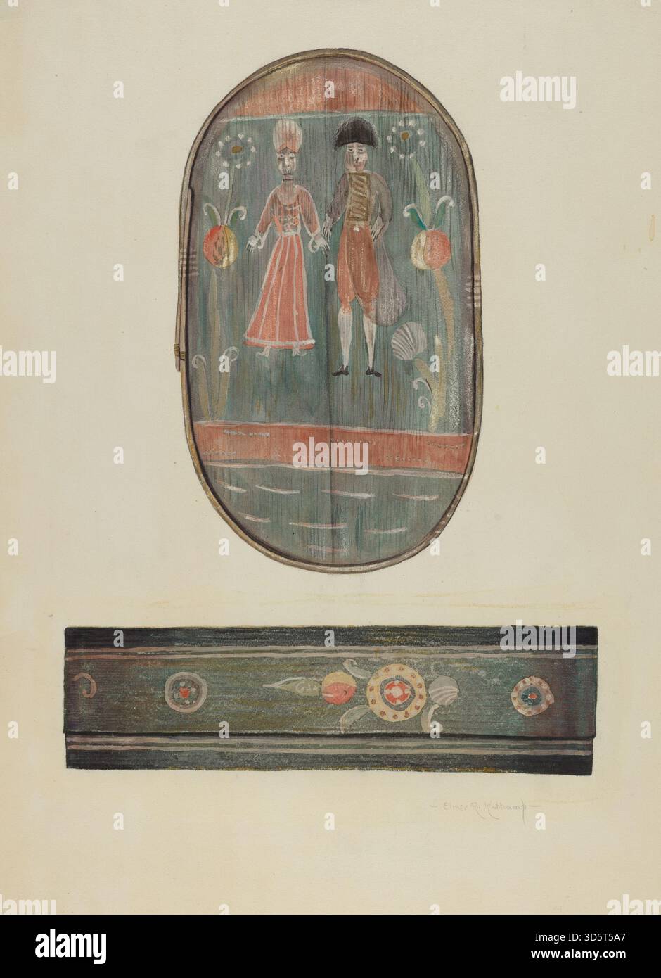 Una scatola da sposa di Elmer R. Kottcamp, 1935-1942, realizzata in legno con decorazioni dipinte, coperchio incernierato e utilizzata per riporre gli accessori per matrimoni. Foto Stock