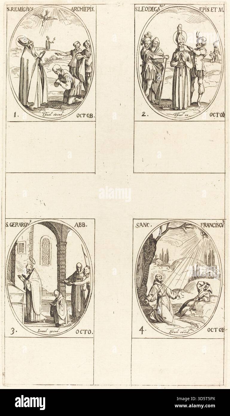 Questa incisione di Jacques Callot presenta San Remigio, San Leodegario, San Gerardo, Abate e San Francesco d'Assisi. Presenta dettagliati lavori di linea tipici dello stile di Callot, enfatizzando gli indumenti, gli aloni e gli attributi associati a ciascun santo. Foto Stock