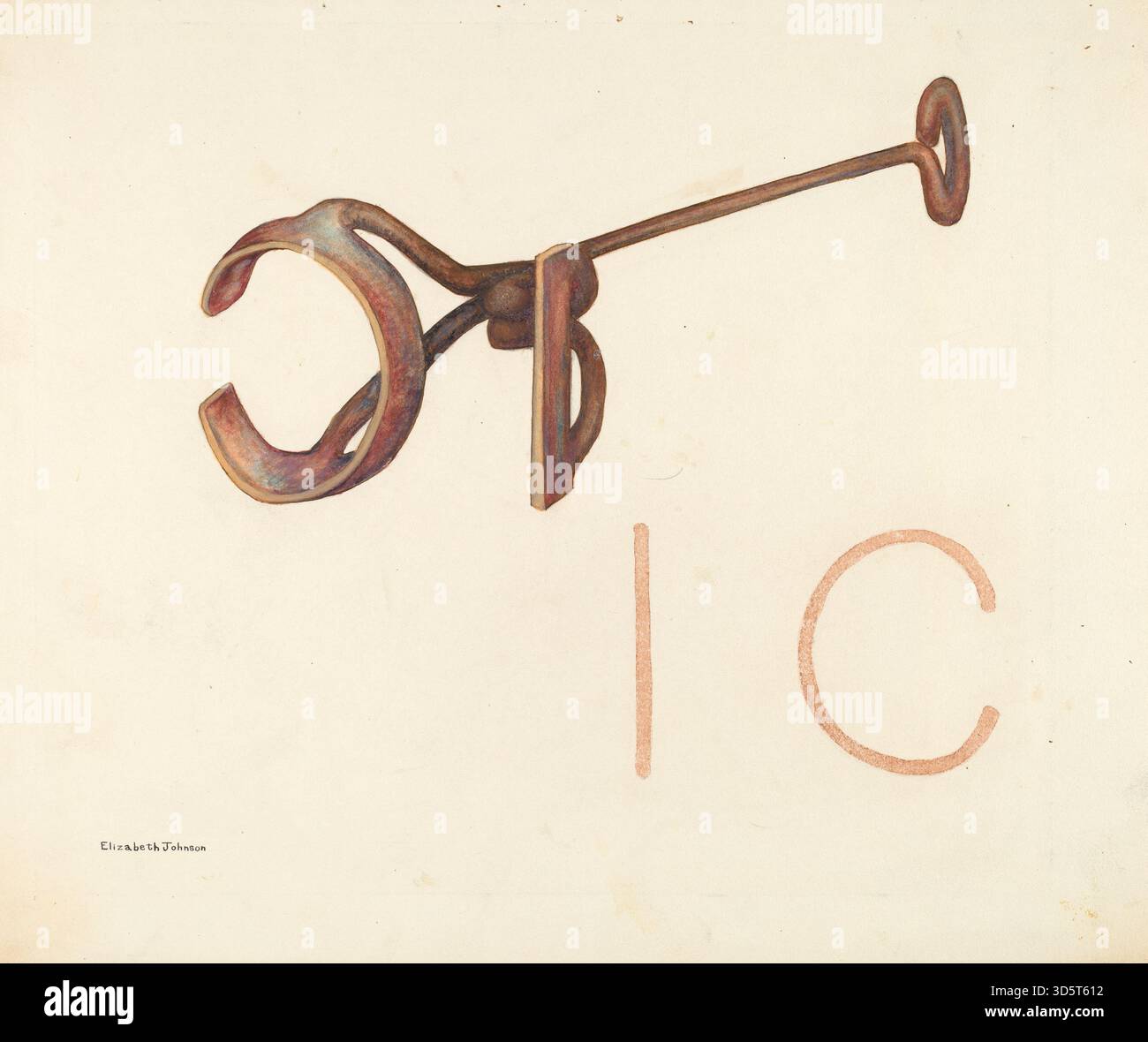 Branding Iron di Elizabeth Johnson, 1942 circa, è uno strumento di marcatura del bestiame in metallo con manico in legno e testa in ferro, che rappresenta le attrezzature agricole americane dei primi anni del XX secolo e l'artigianato pratico. Foto Stock