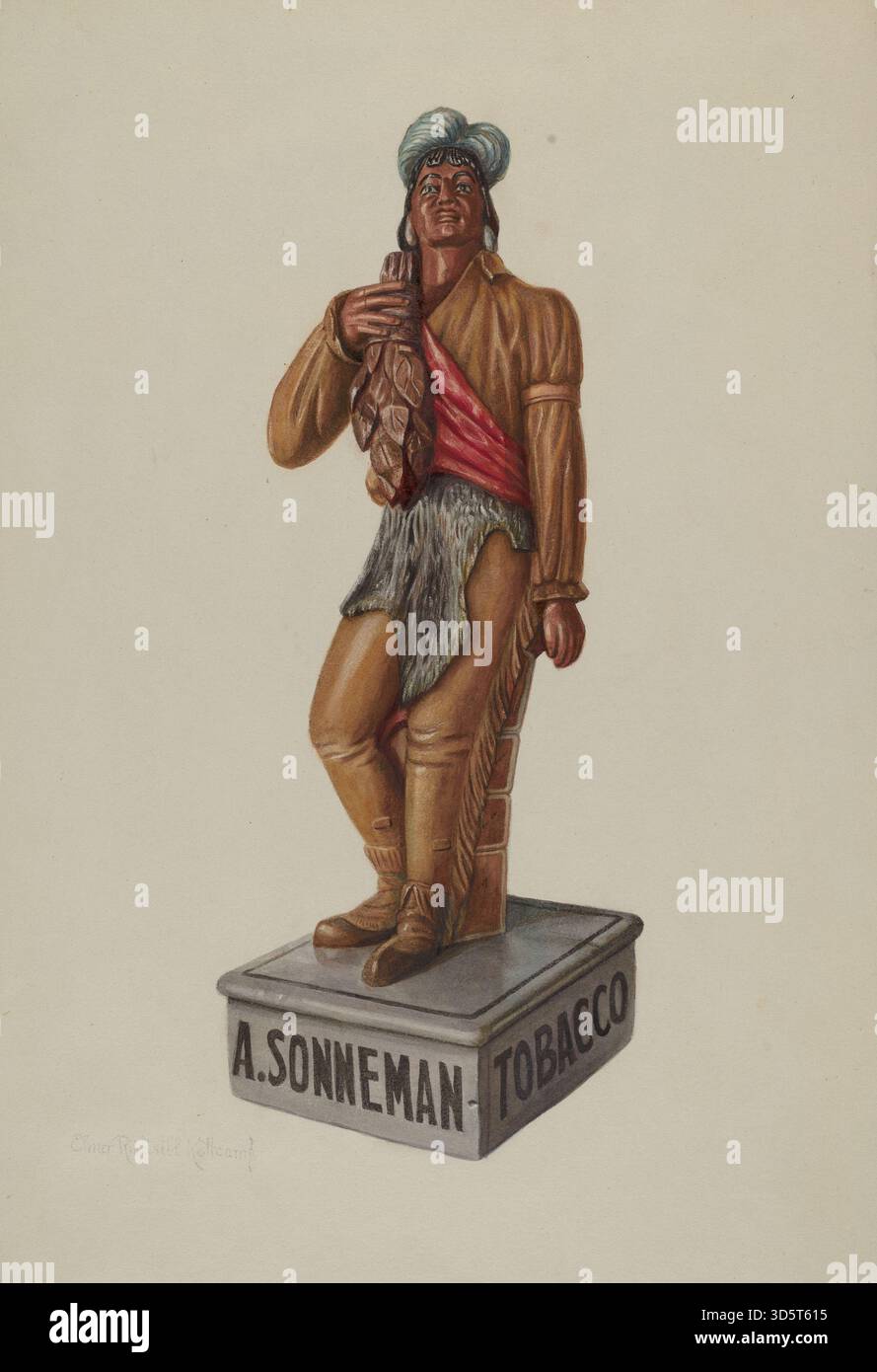 Un Cigar Store Indian del 1939 di Elmer R. Kottcamp, scolpito in legno con dettagli dipinti, che rappresenta una figura dei nativi americani utilizzata per le mostre di tabacchi. Foto Stock