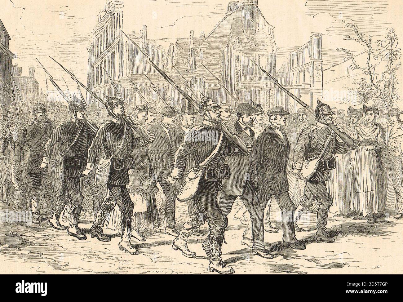 Un convoglio di prigionieri durante la guerra franco-prussiana. Soldati tedeschi che scortano i francesi catturati Foto Stock