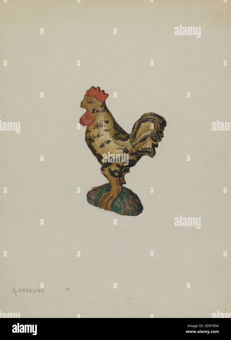 Questa statuetta del 1939 di Arsen Maralian raffigura un gallo tedesco della Pennsylvania, enfatizzando la forma scolpita, la superficie dipinta, la postura, le piume di coda, pettine, becco, materiale e cura artigianale. L'opera riflette le convenzioni dell'arte popolare americana del XX secolo. Foto Stock