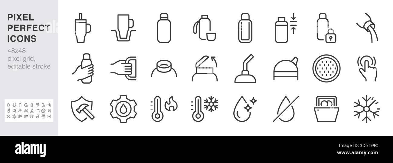 Set di icone thermos e linea tazza da viaggio. Bibita, coperchio ribaltabile, beccuccio con cannuccia, tappo di blocco, illustrazioni vettoriali lavabili in lavastoviglie. Semplici indicazioni per Illustrazione Vettoriale