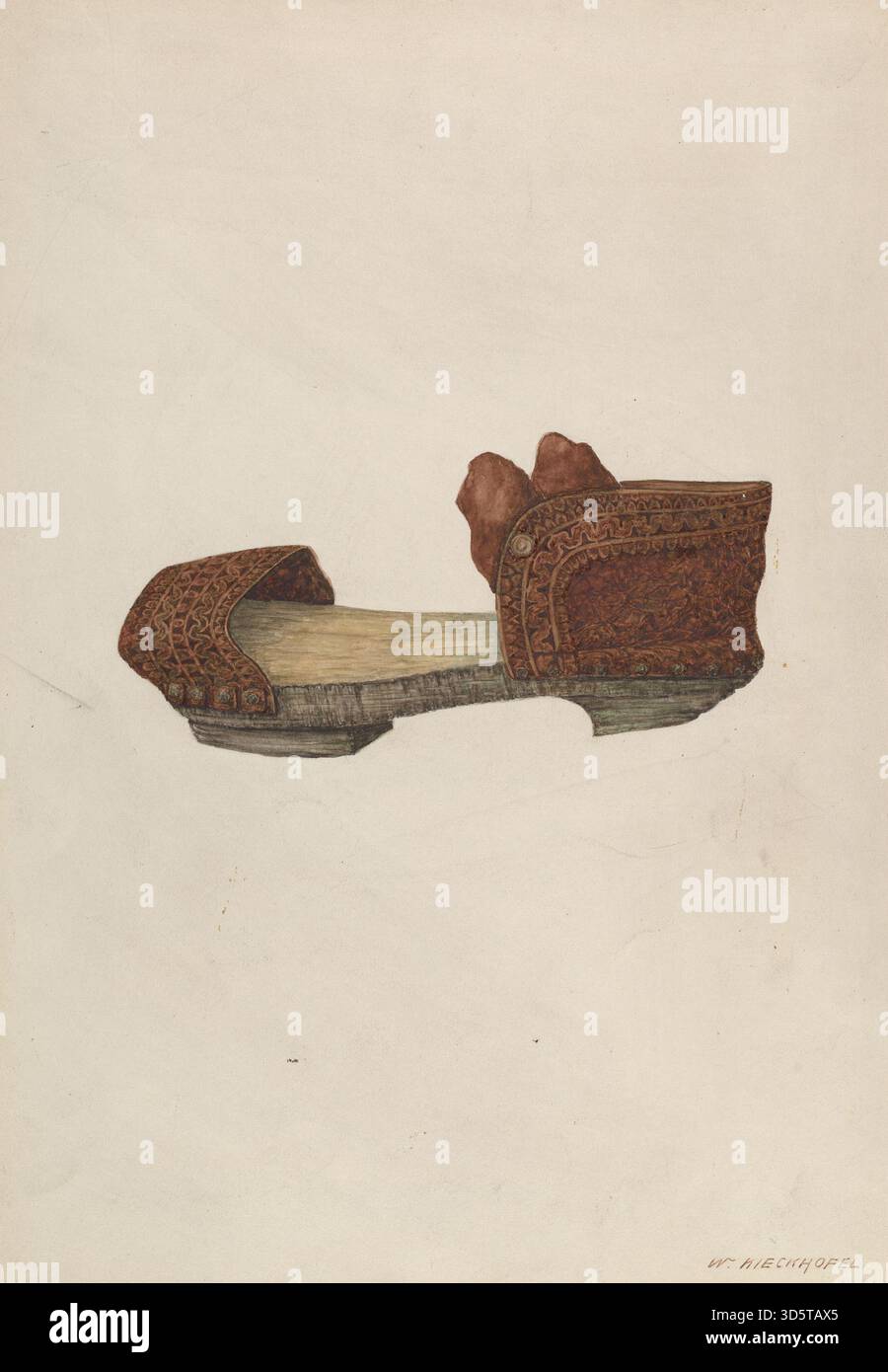 Questo sandalo del 1939 di William Kieckhofel è una scarpa da donna in pelle che mostra spalline, suola, tacco, cuciture, e design funzionale con attenzione alla cura artigianale e ai dettagli. Foto Stock