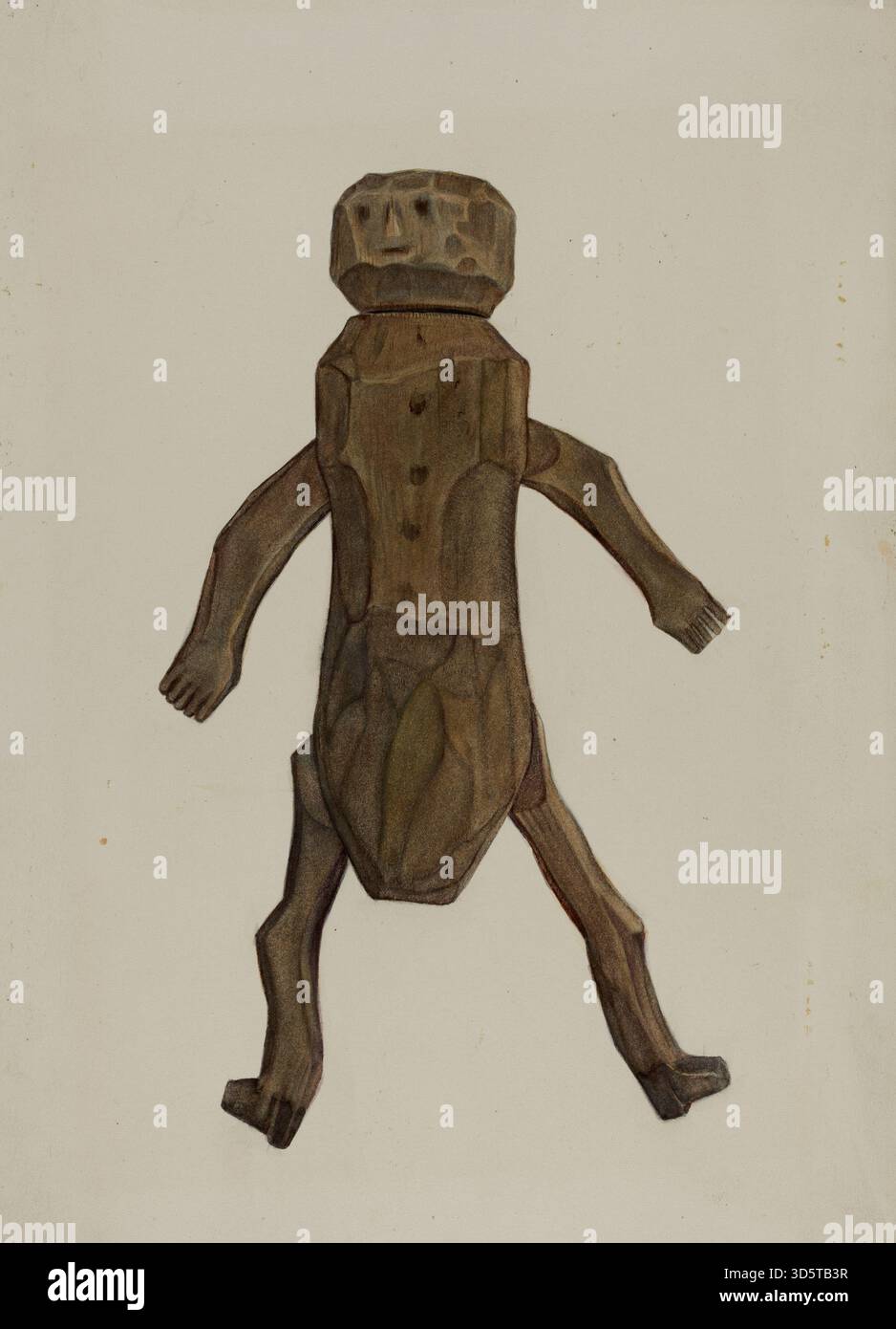 Una bambola in legno scolpita intorno al 1940 da Elmer R. Kottcamp, che mostra legno intagliato a mano, dettagli dipinti, vestita con abiti in miniatura per essere esposta. Foto Stock