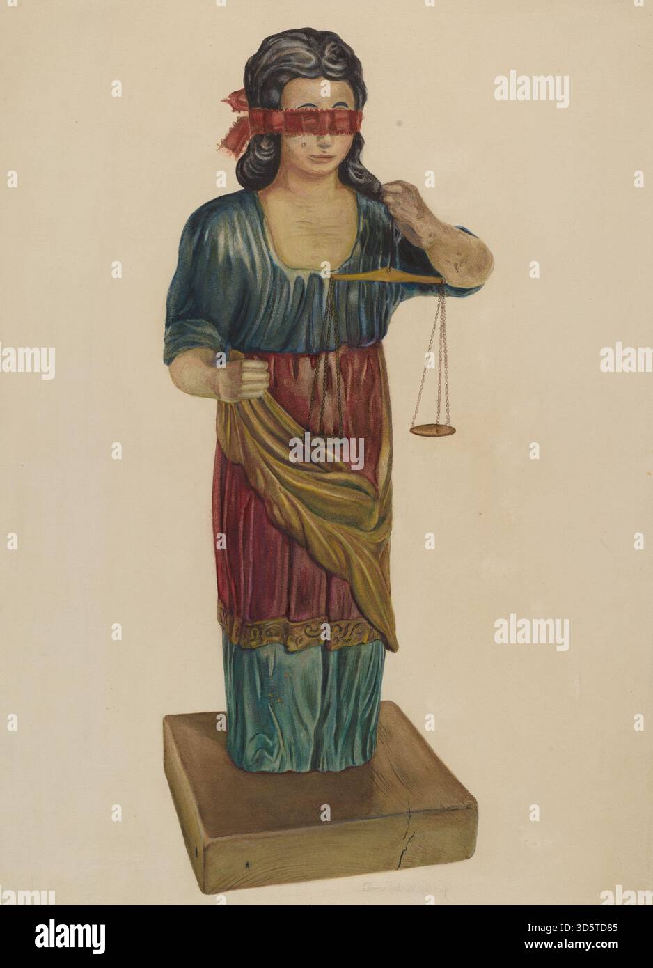 Una statuetta intitolata "Figure of Justice" creata da Elmer R. Kottcamp intorno al 1938, che rappresenta il concetto di giustizia. La scultura presenta elementi simbolici come scale e una benda, realizzati con materiali intagliati o fusi. Foto Stock