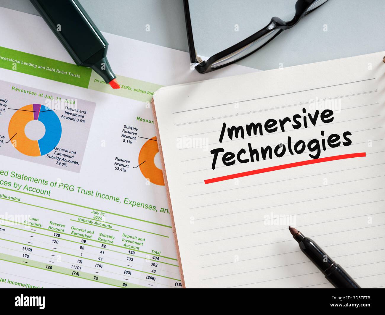 Concetto di tecnologie immersive evidenziato su un notebook con grafici finanziari, marcatori e occhiali da vista, che suggeriscono innovazione e strategia aziendale Foto Stock