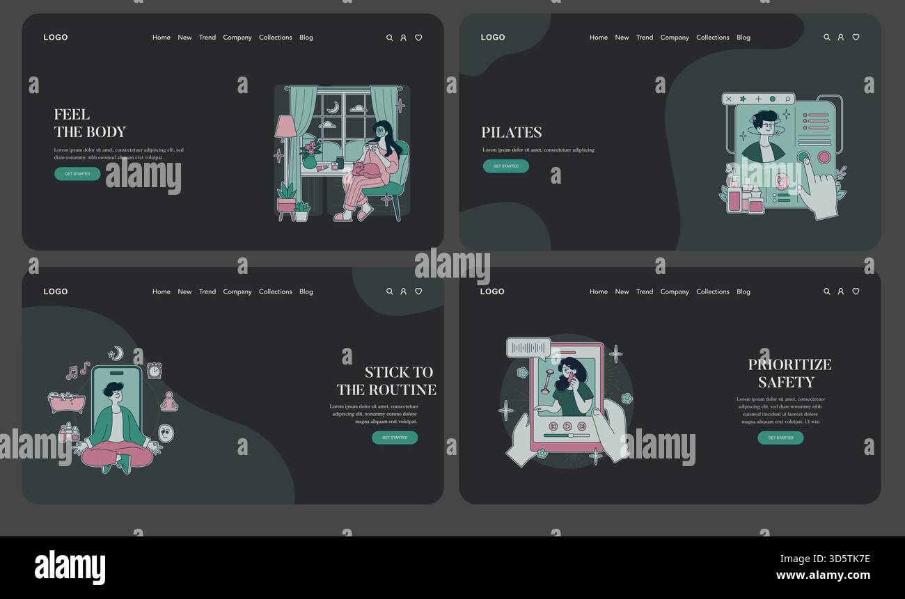 Serie di illustrazioni vettoriali che illustrano le routine di benessere. Le immagini mostrano una persona che pratica meditazione, pilates, analisi personale e cura di sé, sottolineando la tranquillità e la crescita personale. Illustrazione Vettoriale