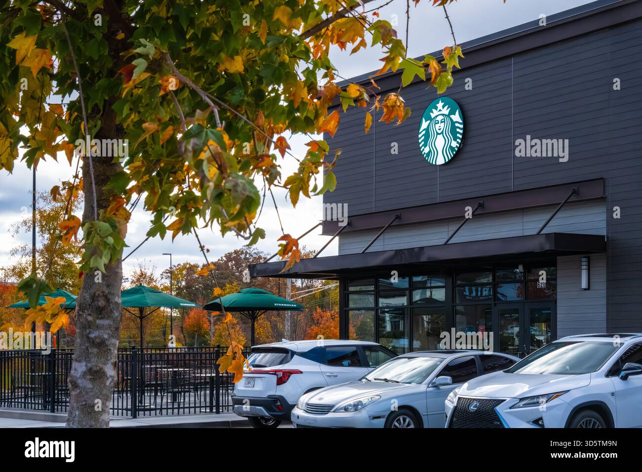 Caffè Starbucks con fogliame autunnale a Buford, Georgia, appena a nord-est di Atlanta. (USA) Foto Stock