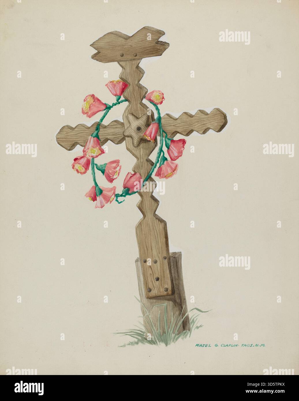 Croce di legno fatta a mano usata come lapide da Majel G. Claflin, c. 1937, che illustra l'arte popolare americana della metà del XX secolo, la pratica religiosa e l'artigianato nelle lapidi. Foto Stock