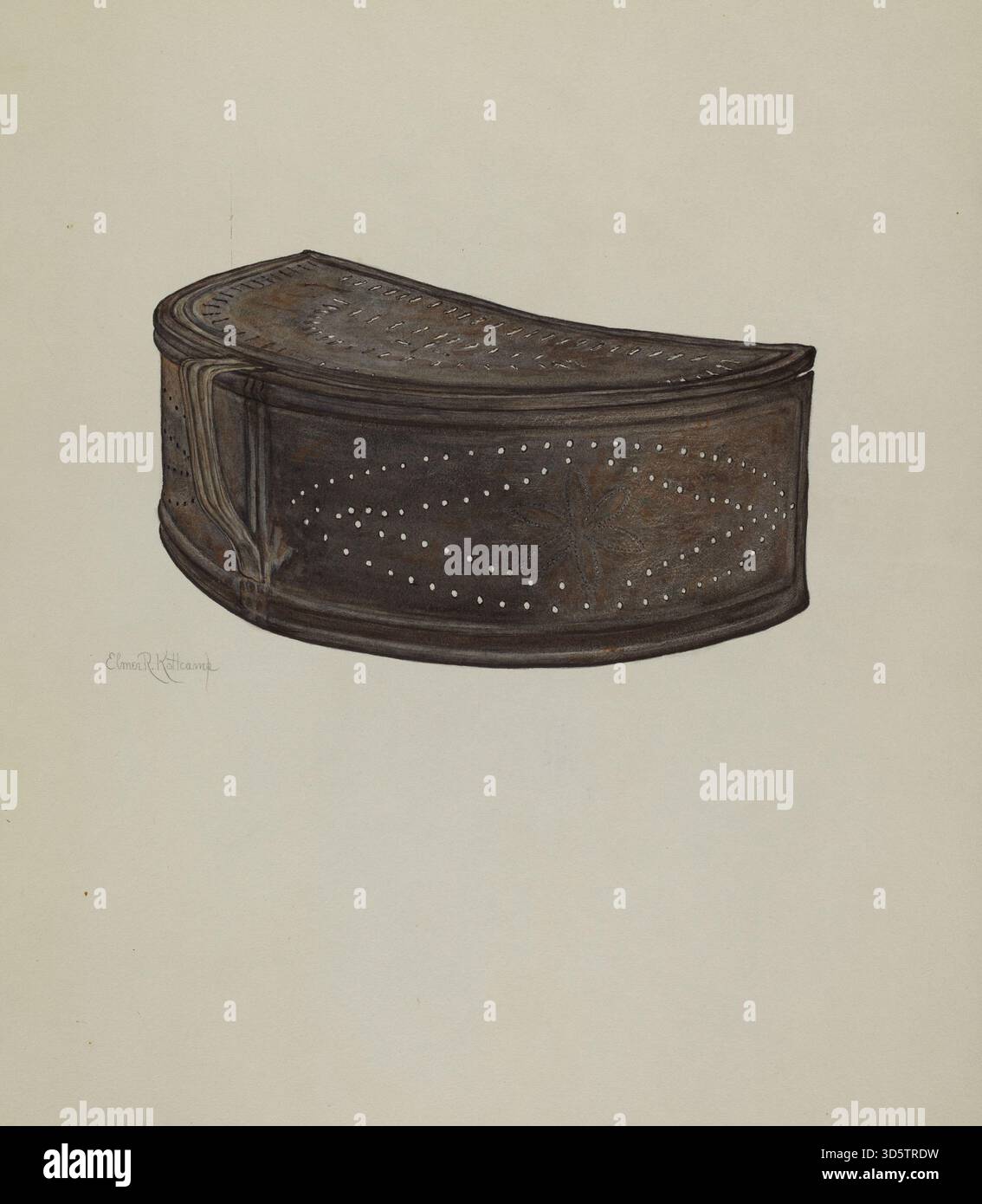 Lo scudo parascintille tedesco della Pennsylvania di Elmer R. Kottcamp, creato intorno al 1941, è un pannello protettivo decorativo in metallo o legno utilizzato in stufe o caminetti. L'opera d'arte enfatizza il motivo, l'ornamento e il design tradizionale dell'arte popolare. Foto Stock