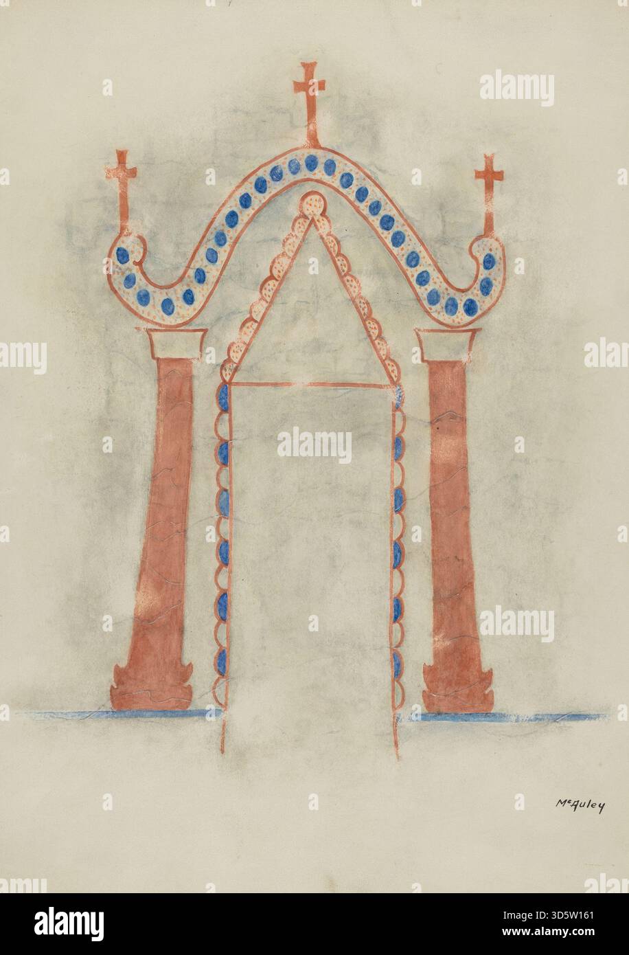 Un dipinto murale del 1938 di William McAuley che mostra motivi decorativi o narrativi su una superficie di parete, dipinto utilizzando tecniche tradizionali, incorporando figure, colore, composizione e contesto interno. Foto Stock