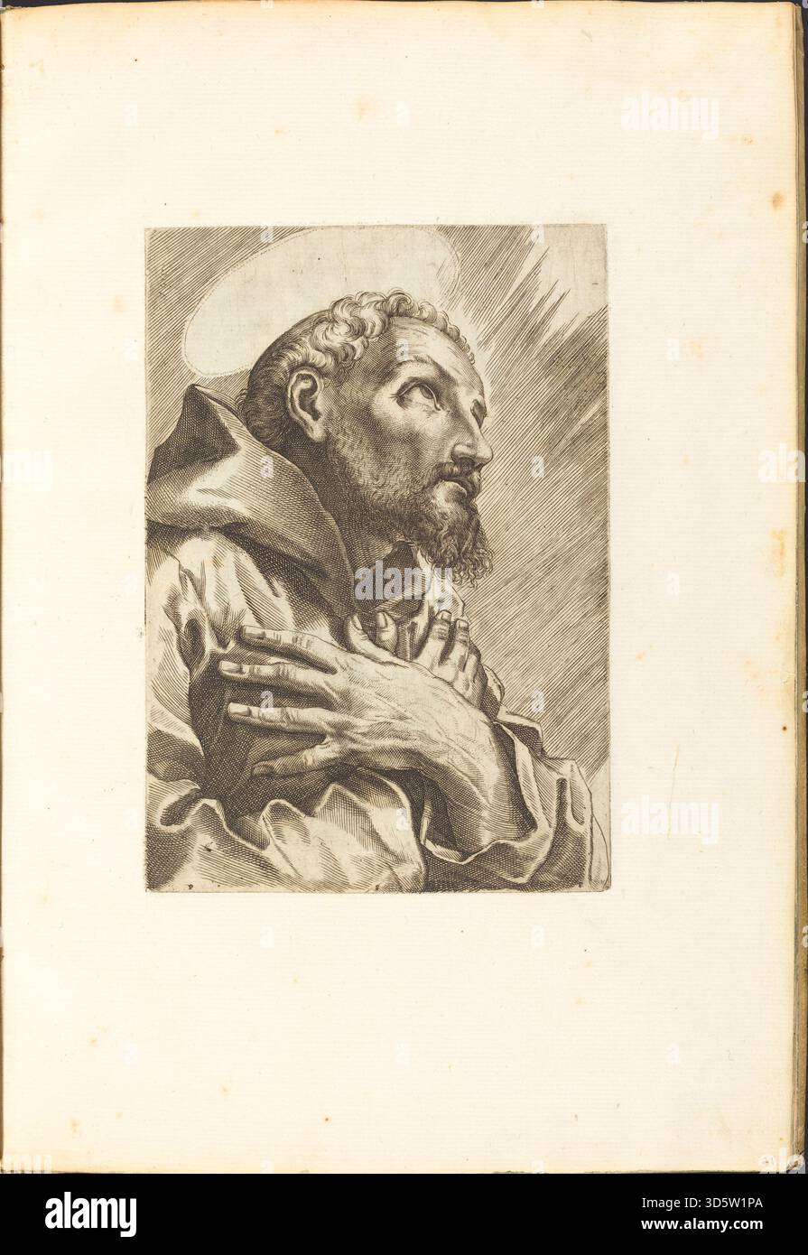 Un'incisione attribuita a Luca Ciamberlano, circa 1610-1620, raffigurante San Francesco d'Assisi in abbigliamento religioso, con in mano un crocifisso, mostrando devozione e pietà, eseguita in incisione su carta, stile barocco italiano, enfatizzando gesti, espressioni e attributi simbolici del santo. Foto Stock
