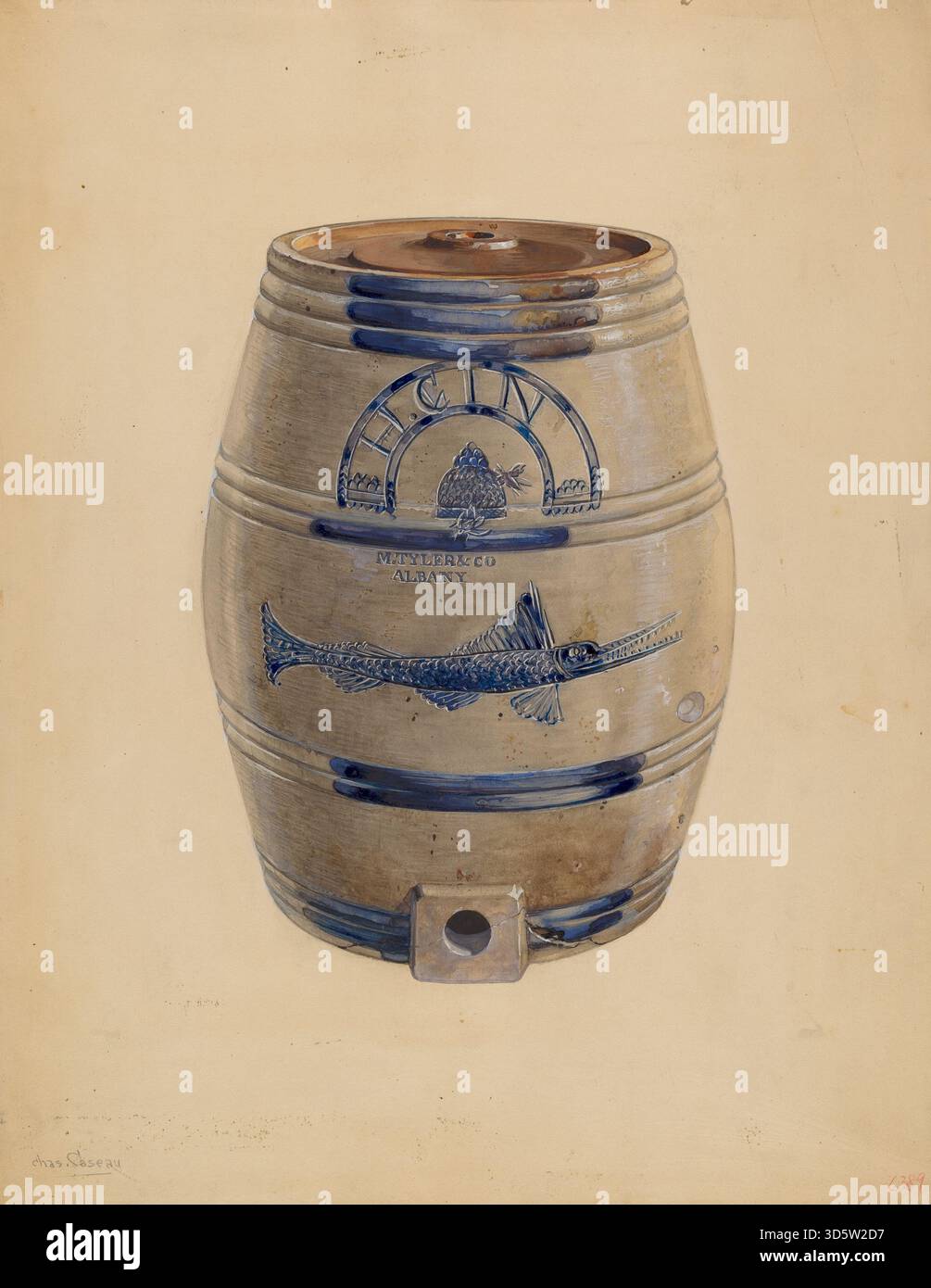 Intorno al 1937 Charles Caseau creò una rappresentazione di un barile di gin olandese, utilizzando acquerello, grafite e gouache su cartone. Parte della collezione Index of American Design, il pezzo cattura la forma, il volume e la presenza materiale del barile in uno studio non decorativo e preciso di un recipiente fabbricato. Foto Stock