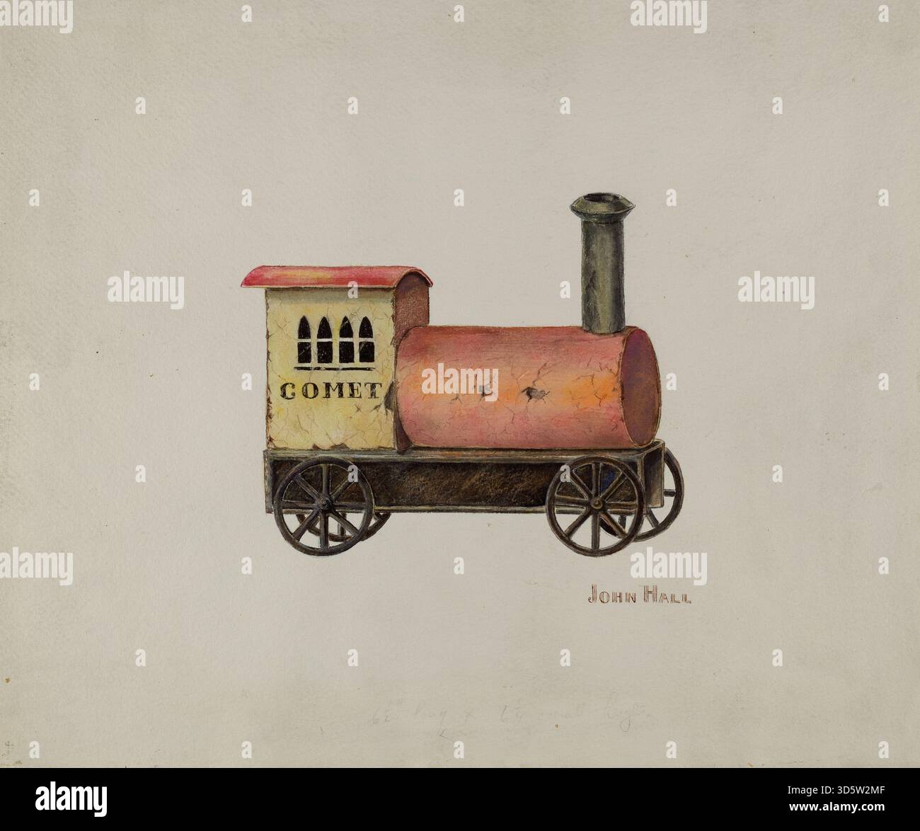 Questa locomotiva giocattolo del 1941 di John Hall è un modello in miniatura progettato per il gioco, con ruote, un'area fumatori e componenti dettagliati del motore. Il pezzo enfatizza l'artigianalità, il design funzionale e la rappresentazione meccanica su piccola scala. Foto Stock