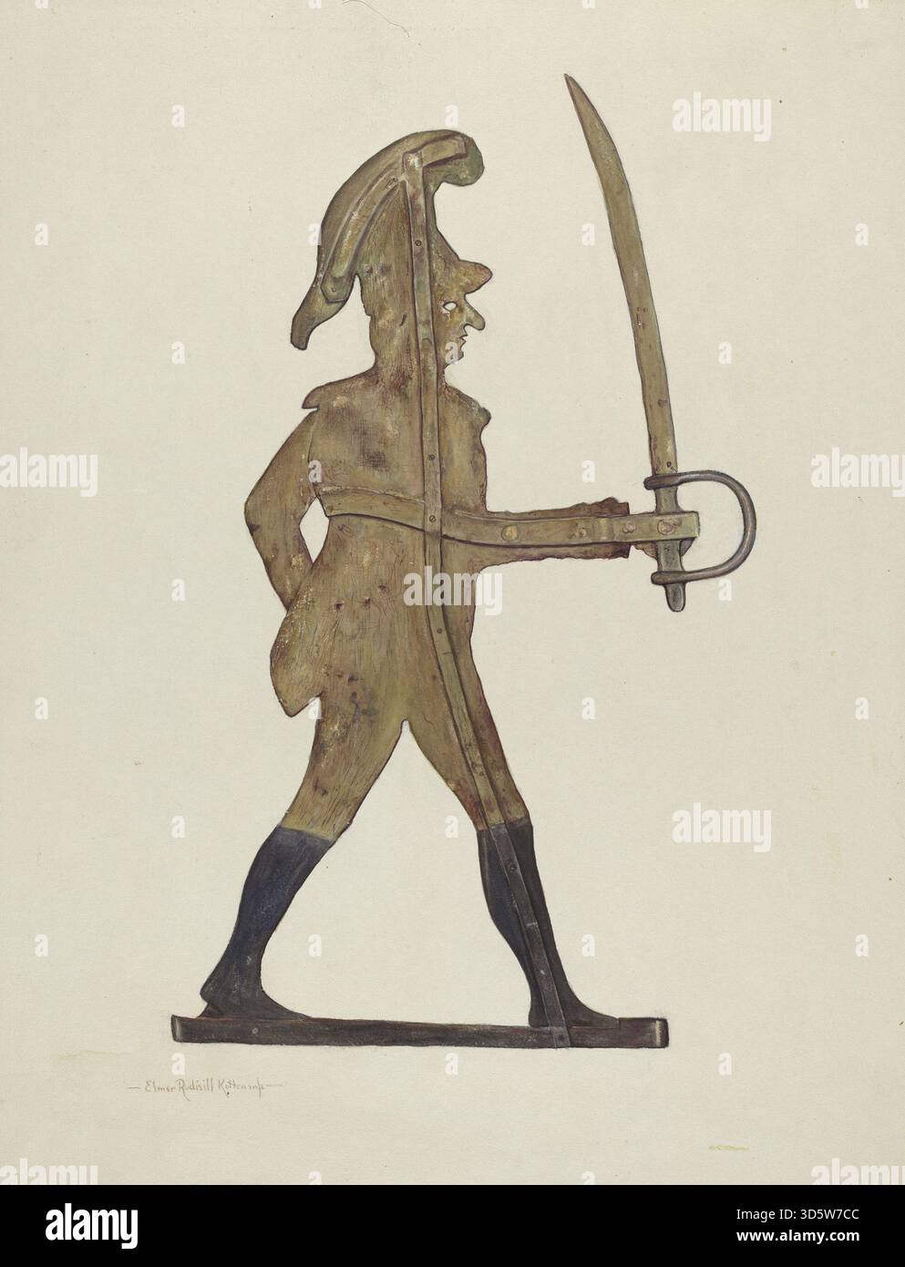 Questa paletta meteorologica del 1940 di Elmer R. Kottcamp raffigura il conte Casimir Pulaski, realizzato in metallo per indicare la direzione del vento, combinando commemorazione patriottica con un design funzionale dell'arte popolare. Foto Stock