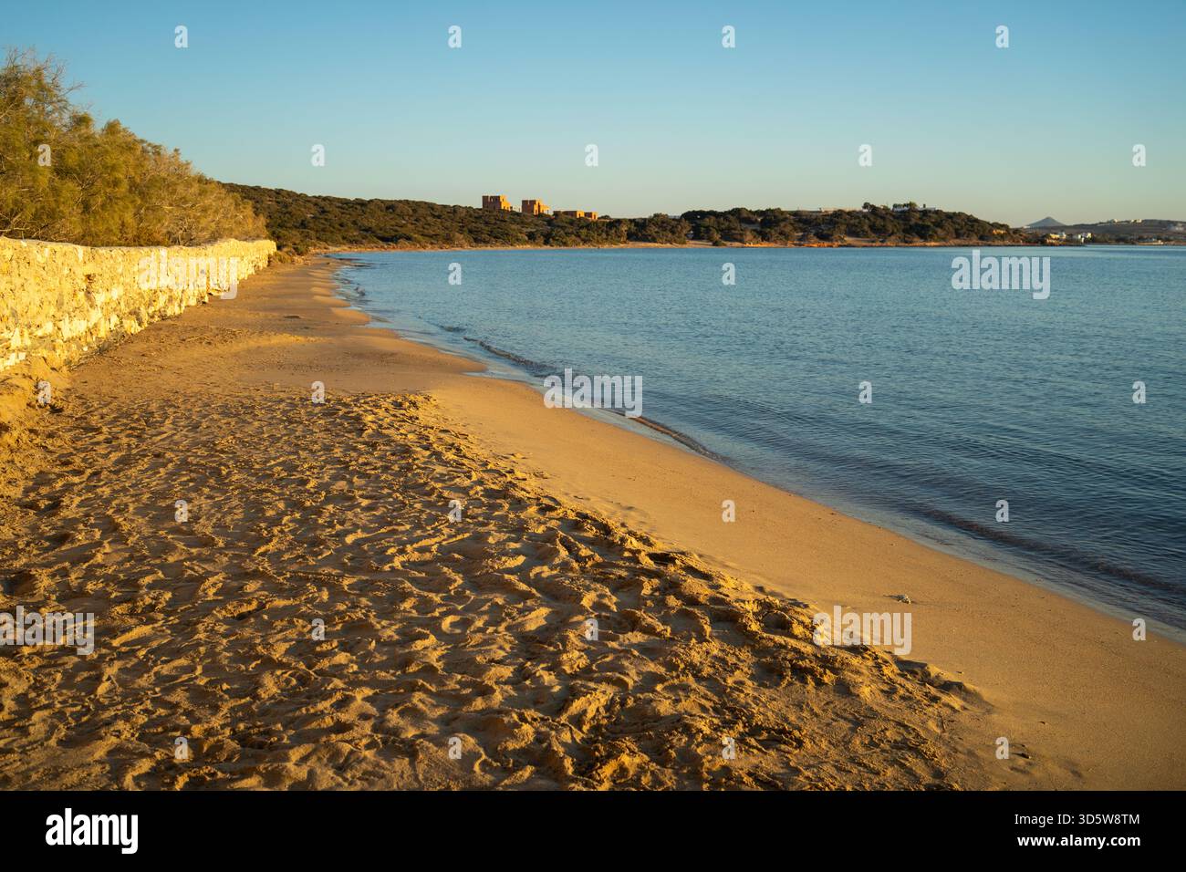 Vista dell'ora d'oro della spiaggia di Laggeri a Paros, in Grecia, con acque calme, luce solare calda e costa sabbiosa incontaminata che creano un paesaggio tranquillo Foto Stock