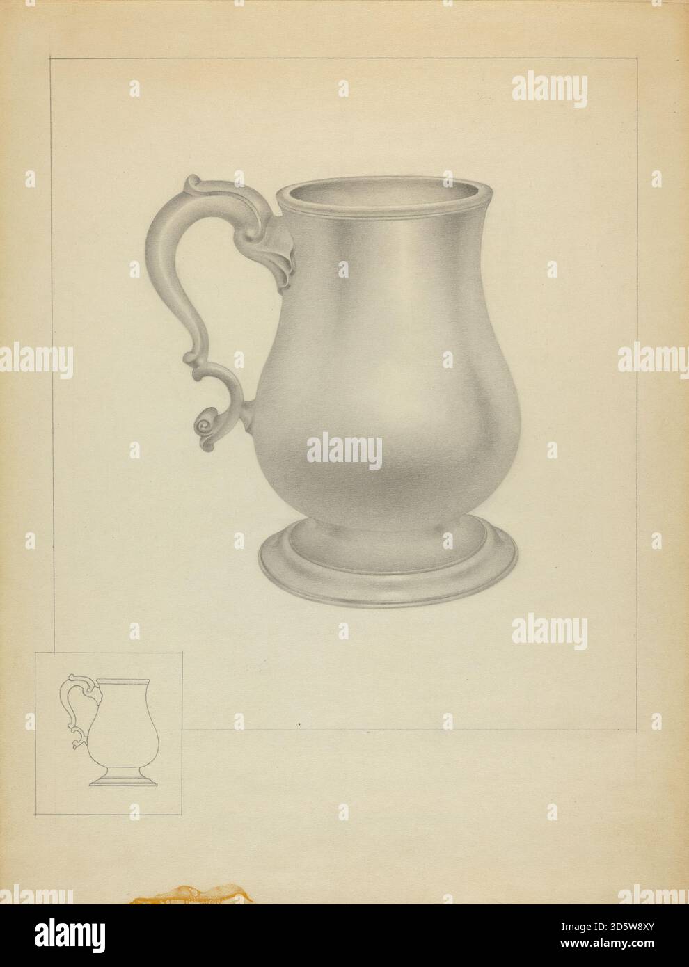 Una tazza in argento del 1936 di Isidore Steinberg con manico, metallo lucido, corpo cilindrico, base e incisione decorativa sulla superficie. Foto Stock