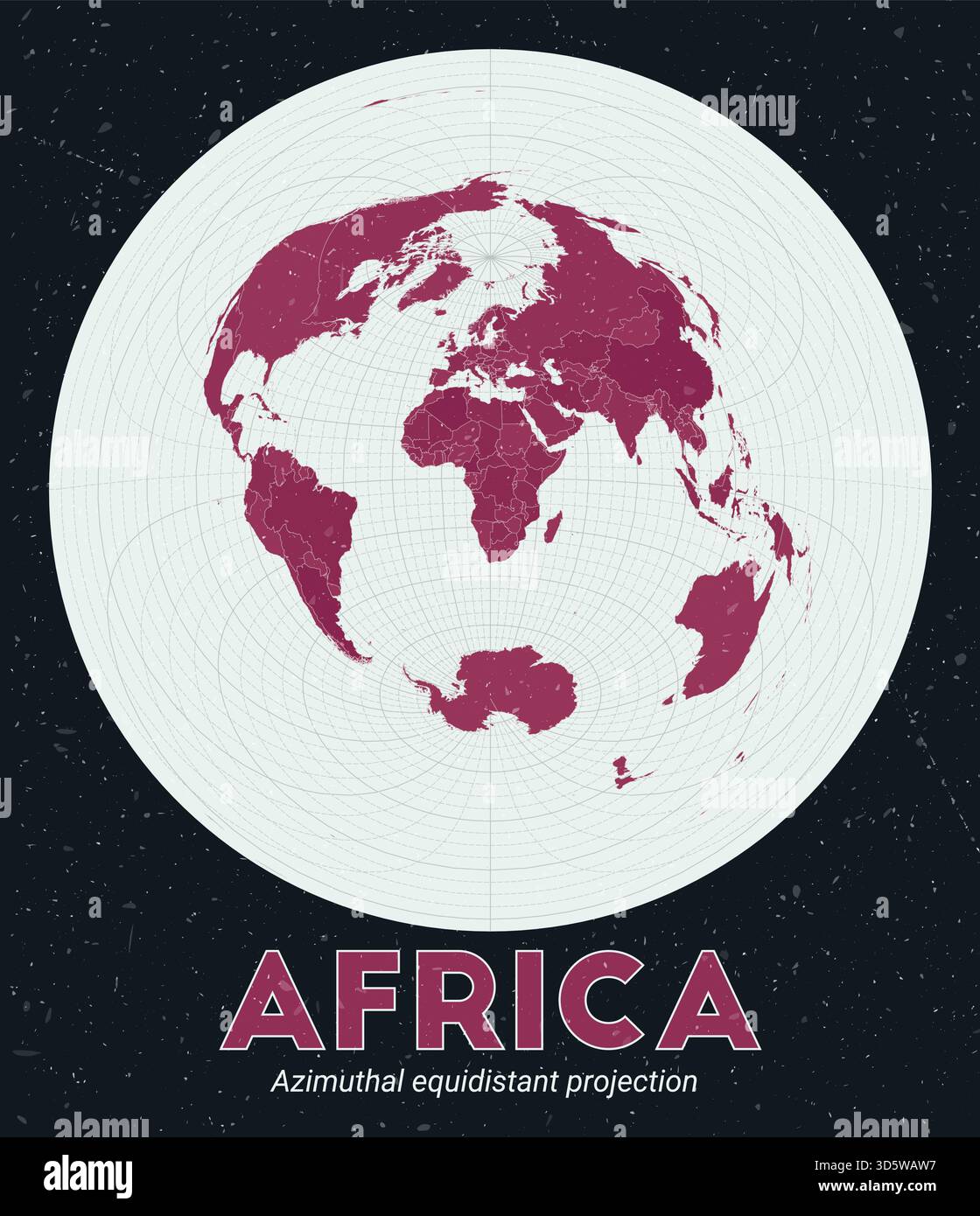 Africa. Mappa del mondo. Proiezione equidistante azimutale centrata sull'Africa. Pallido Mint Dark Pink (Rosa scuro). Texture vintage. Illustrazione vettoriale classica. Illustrazione Vettoriale