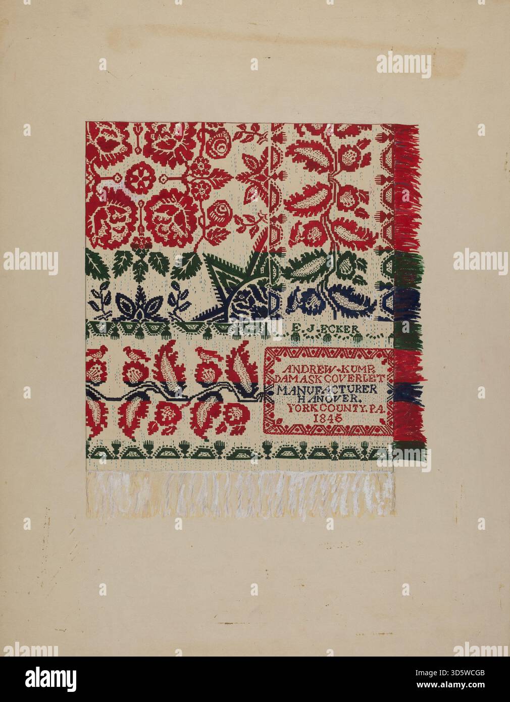 Katherine Hastings' c. 1938 il copriletto damascato espone motivi tessuti tipici del tessuto damascato, mettendo in risalto l'artigianato tessile, il design intricato e i motivi decorativi nei letti. Foto Stock