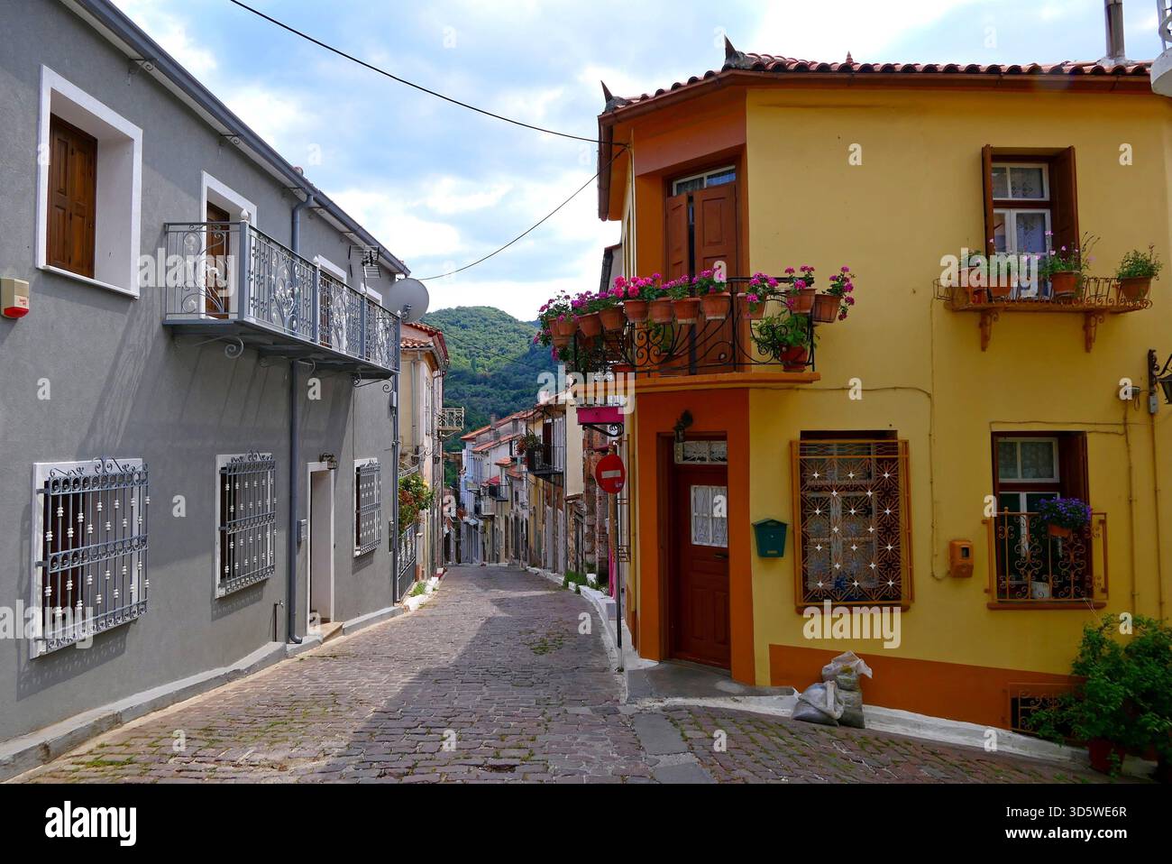 Una ripida strada acciottolata nel pittoresco villaggio di montagna di Agiasos sull'isola di Lesbo, in Grecia Foto Stock