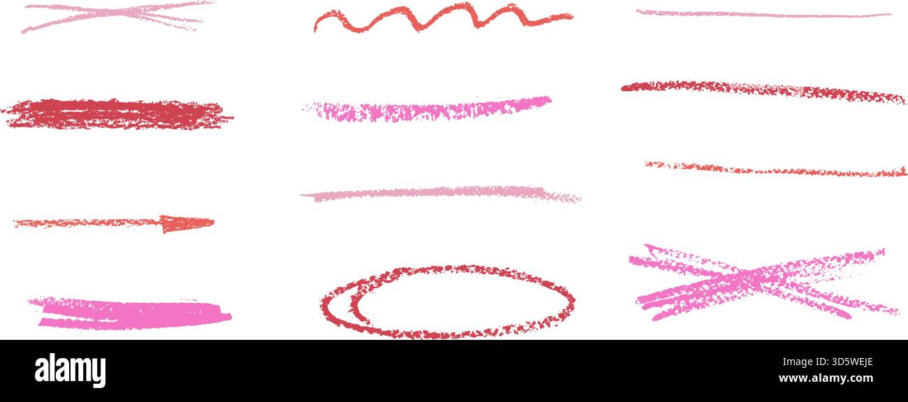 Evidenziazione cosmetica femminile. Il rossetto sottolinea il set di pastelli. Linee di pennello rosa e rosso. Telaio ovale, striscia a righe con trama a mano, empha Illustrazione Vettoriale