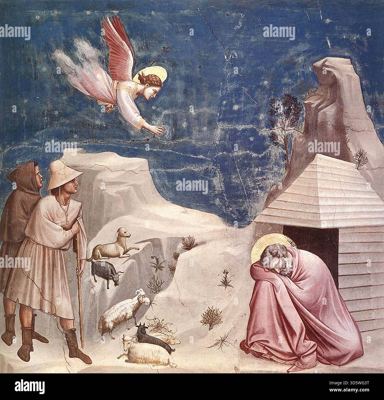 GIOTTO di Bondone (1267, Vespignano, d. 1337, Firenze) No. 5 Scene dalla vita di Gioacchino: 5. Gioacchinol's Dream 1304-06 affresco, Cappella Scrovegni 200 x 185 cm (Cappella dell'Arena), Padova Gioacchino è sprofondato nel rifugio della capanna e della roccia, addormentato. I pastori vegliano su di lui e sul loro gregge. Uno di loro sembra vedere il fenomeno celeste - un angelo che porta notizie di Gioacchino sulla sua imminente paternità. Si crea una tensione tremenda lungo la diagonale tra l'angelo e Gioacchino, permettendoci di capire cosa sta succedendo. La tendenza di Giotto a rappresentare figure umane quasi come un gioiello Foto Stock