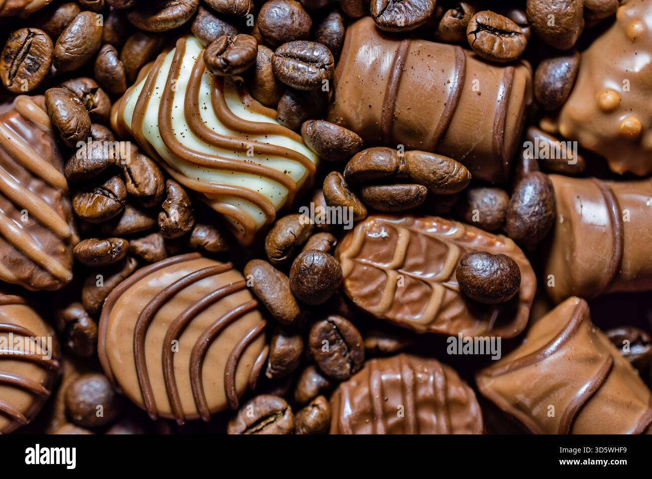 Le praline di cioccolato con motivi decorativi si trovano tra i chicchi di caffè, evidenziando la consistenza e l'abbinamento dei sapori. Foto Stock