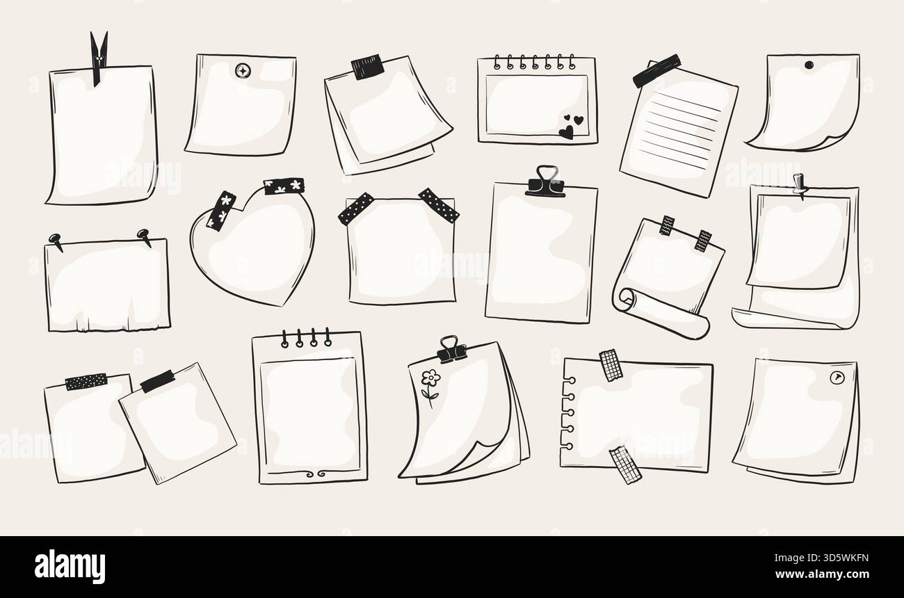 Schizzo su carta. Telaio vuoto disegnato a mano, foglio di note vuoto o post memo clip. Graffetta, graffetta per appunti, messaggi su stick, nota sul blocco appunti. Set di illustrazioni di cancelleria isolata vettoriale per scarabocchi Illustrazione Vettoriale