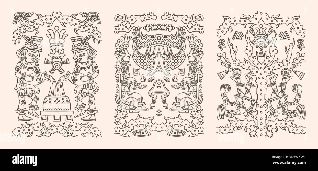 Schema africano. Simbolo azteco messicano tribale. Arte africana o messicana. Ornamento Maya. Design etnico boho. Consistenza tribù inca. Totem indigeno. Motivo nativo con alberi e persone. Set di stampe della linea vettoriale Illustrazione Vettoriale