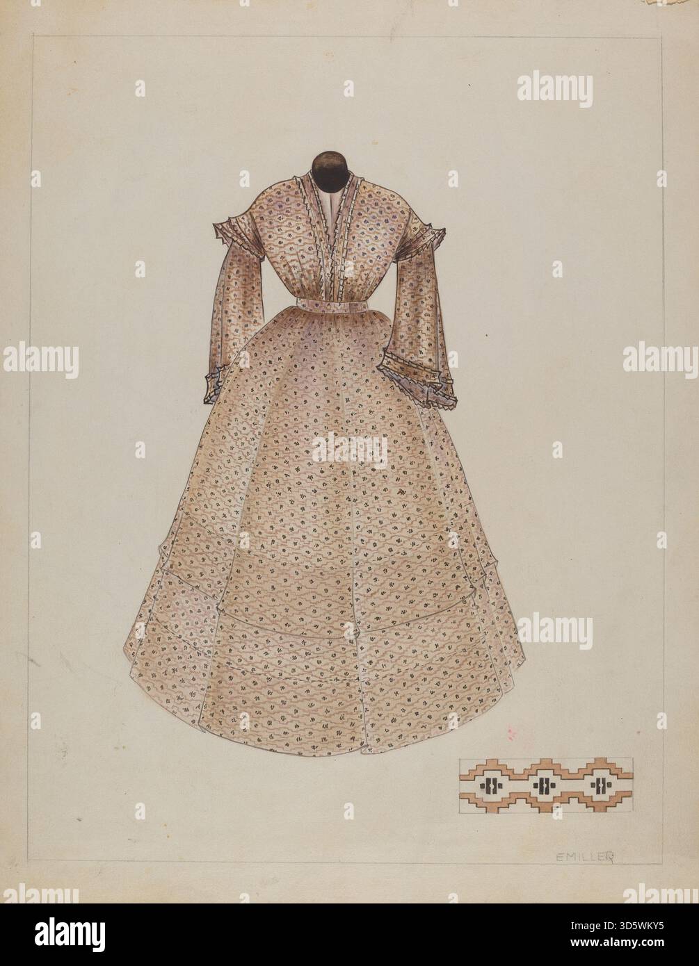 Abito di Edith Miller, c. 1937, è un capo indossabile con costruzione sartoriale, tessuto, maniche, corpetto, gonna, cuciture e dettagli di design che riflettono la moda femminile e gli stili di abbigliamento domestico della metà del xx secolo. Foto Stock