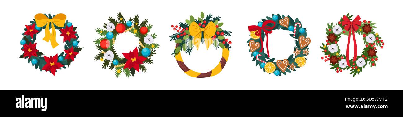 Filiale di Natale. Struttura a corona rotonda, interni per la casa invernale con punta verde e nastro vintage, decorazioni per le festività di Capodanno coni di conifere. Set di illustrazioni piatte per cartoni animati vettoriali Illustrazione Vettoriale