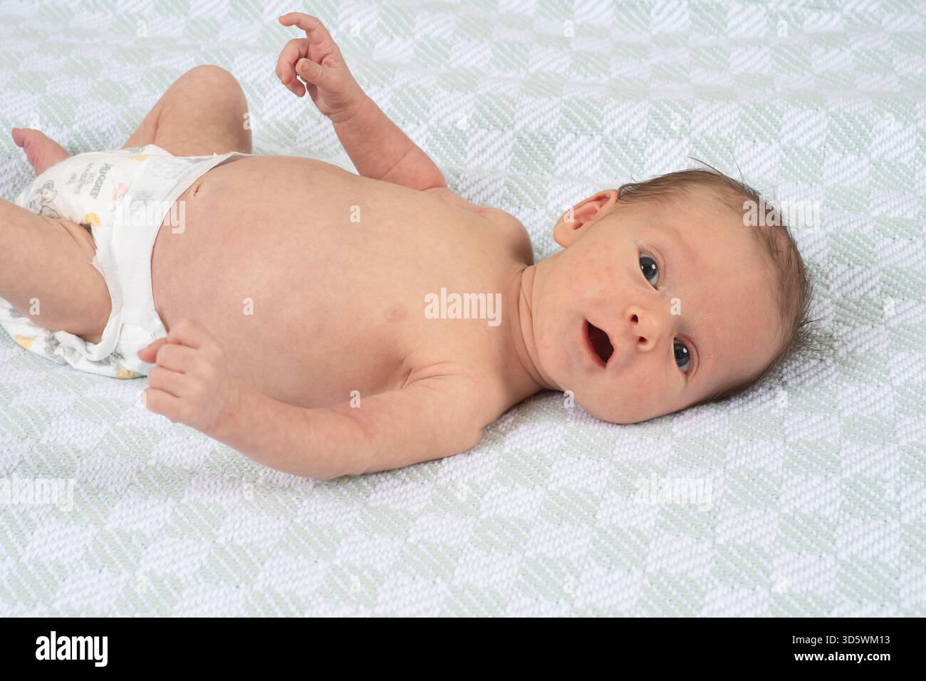 Neonato, bambino di 3 settimane sulla schiena a tutta lunghezza con pannolino che guarda la fotocamera Foto Stock