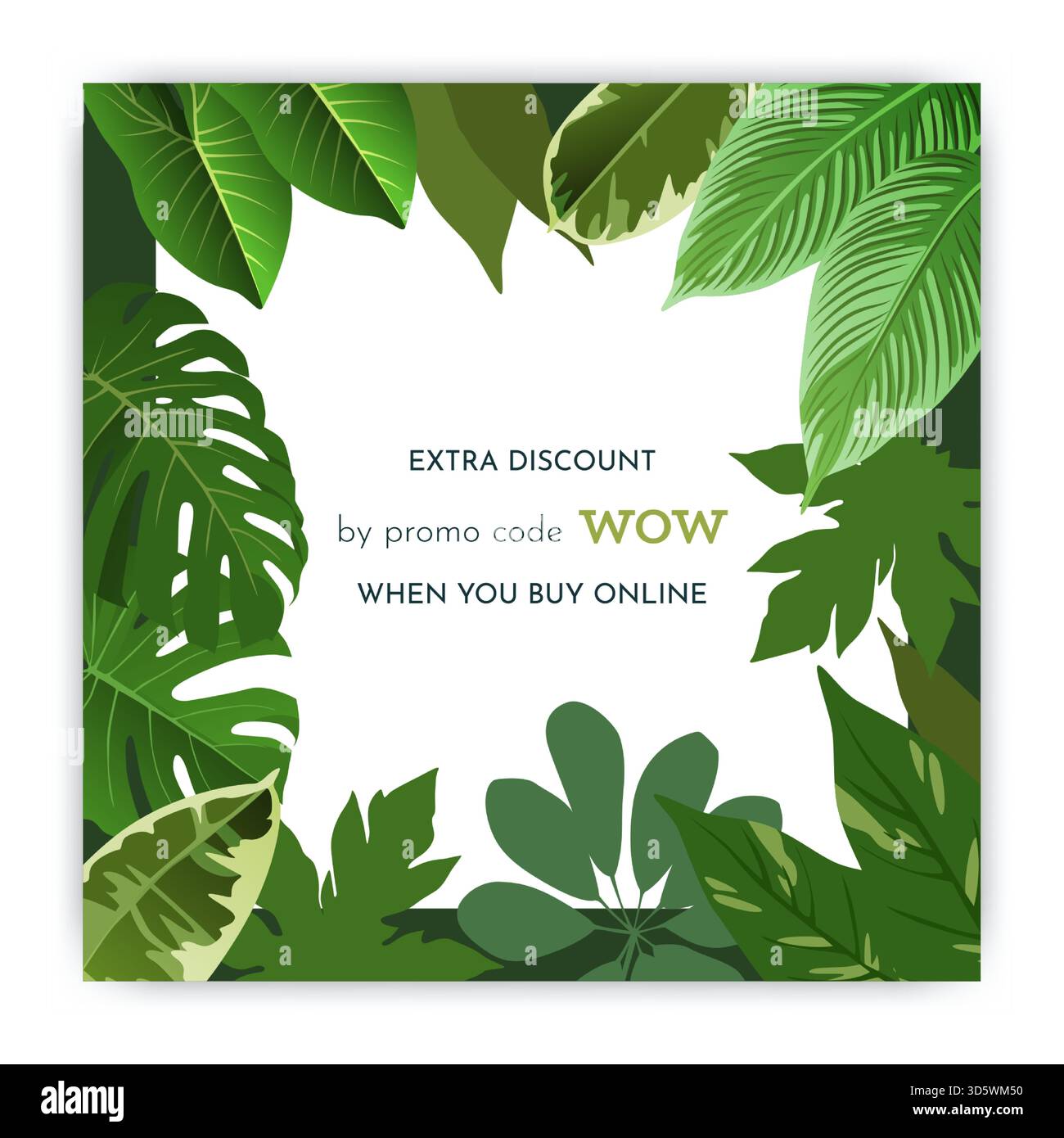 Cornice di foglie tropicali. Natura verde piante esotiche della giungla, banana e foglie di palma, modello di palma quadrato. Pubblicità a sconti e saldi. Promozione estiva sconto banner Web. Illustrazione di botanica vettoriale Illustrazione Vettoriale