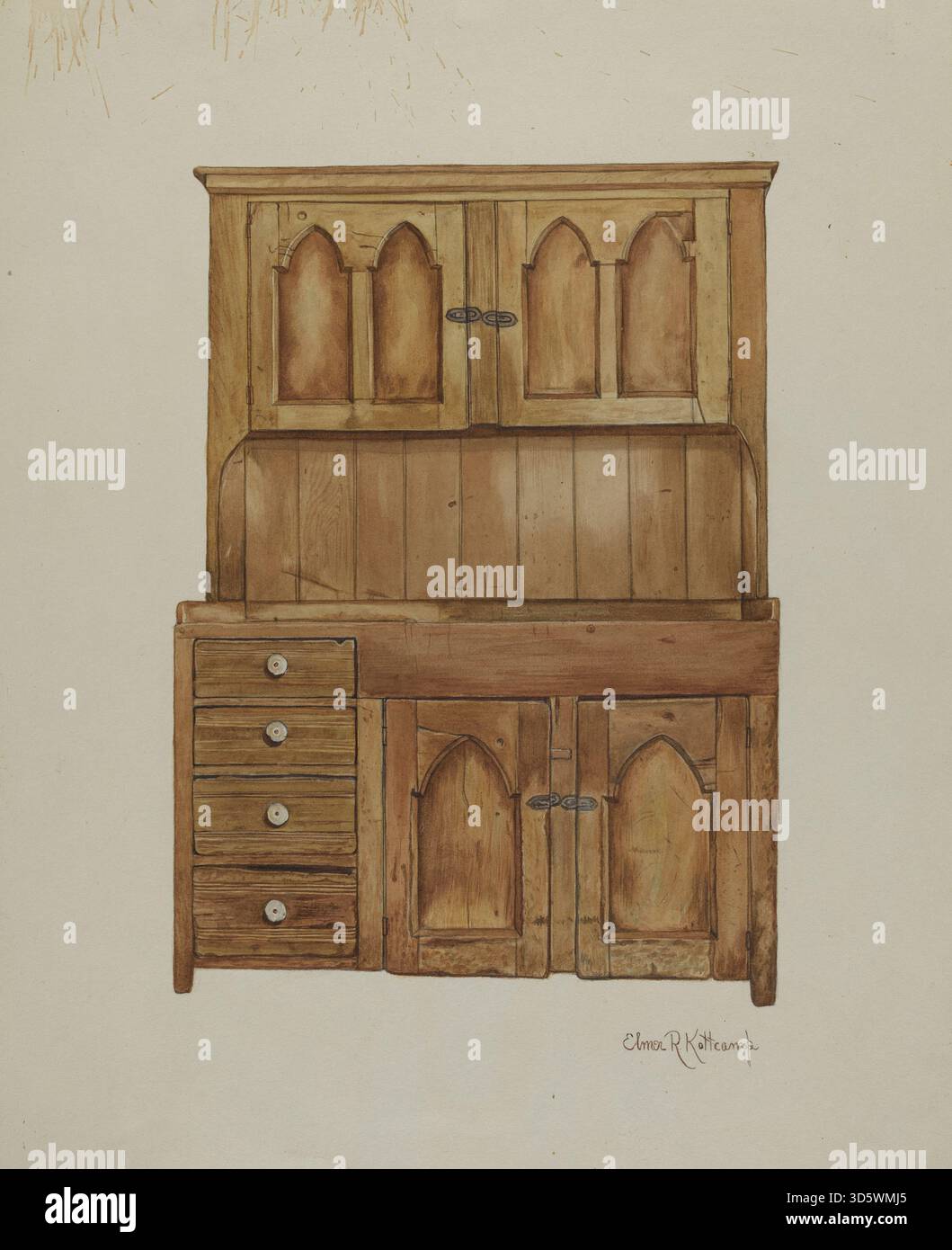 La panca per lavello di Elmer R. Kottcamp, datata 1935-1942, è una panca in legno che incorpora un lavabo o una caratteristica per lavabo, riflettendo il pratico design di mobili domestici del periodo. Foto Stock