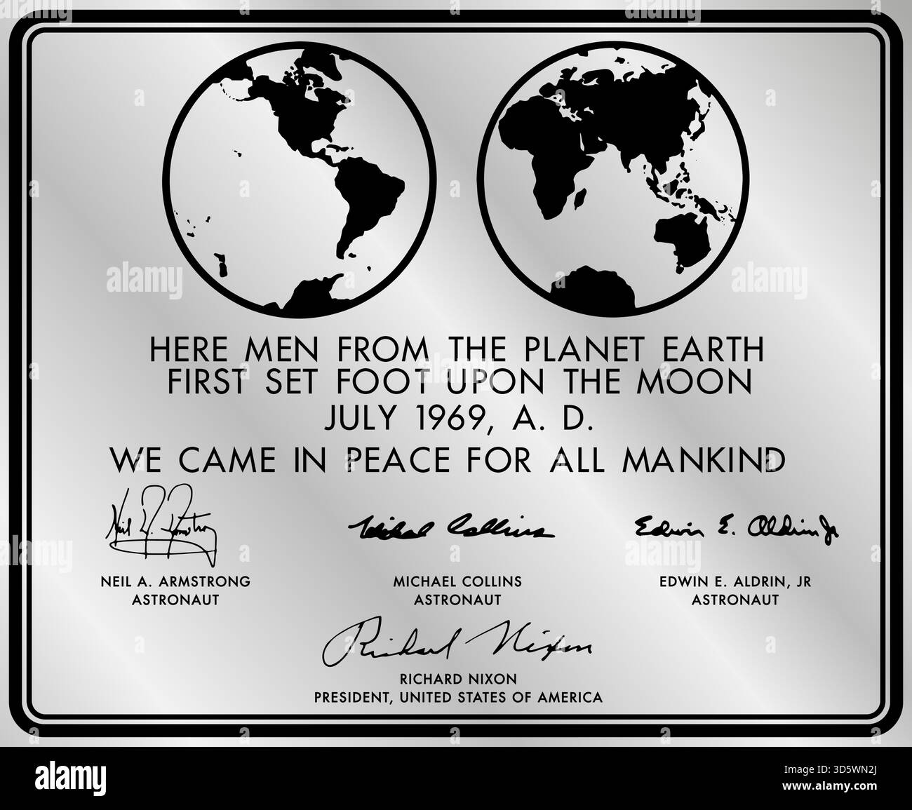 La placca lunare montata sul modulo lunare è atterrata sulla superficie della luna durante la missione Apollo 11 della NASA con simboli e firme dell'astron Illustrazione Vettoriale