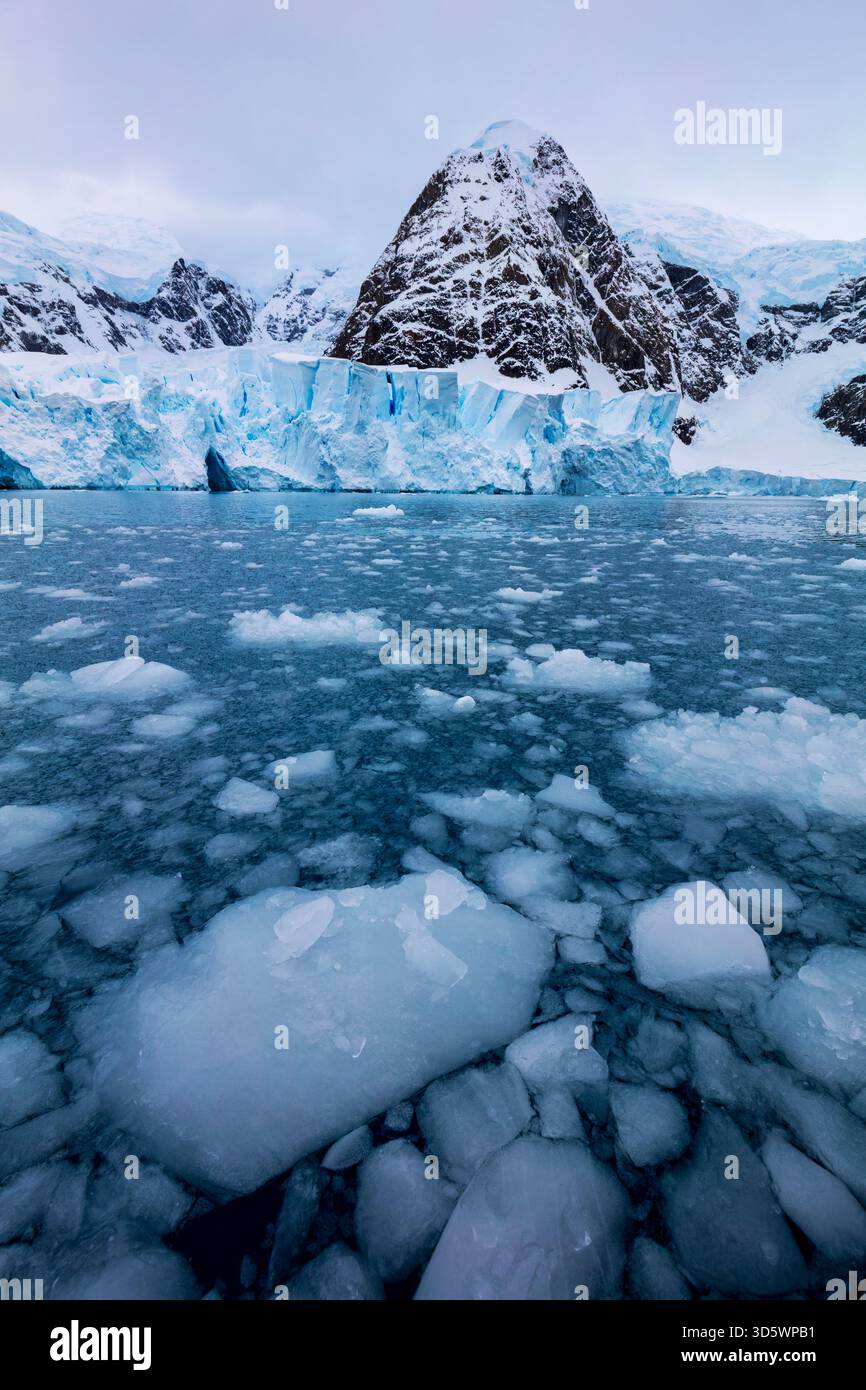 Alla deriva pezzi di ghiaccio con montagne innevate sullo sfondo e un cielo nuvoloso e lunare in Antartide. Foto Stock