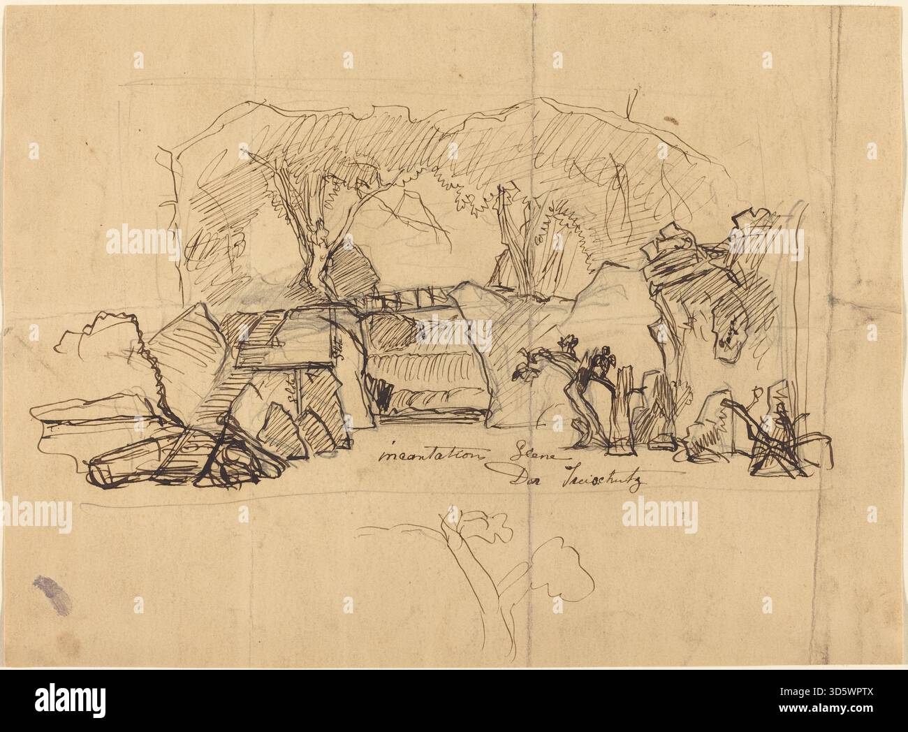 Un dipinto di Robert Caney che raffigura una scena di incantamento di Der Freischutz, con figure, ambientazione mistica, illuminazione teatrale e composizione drammatica. Foto Stock