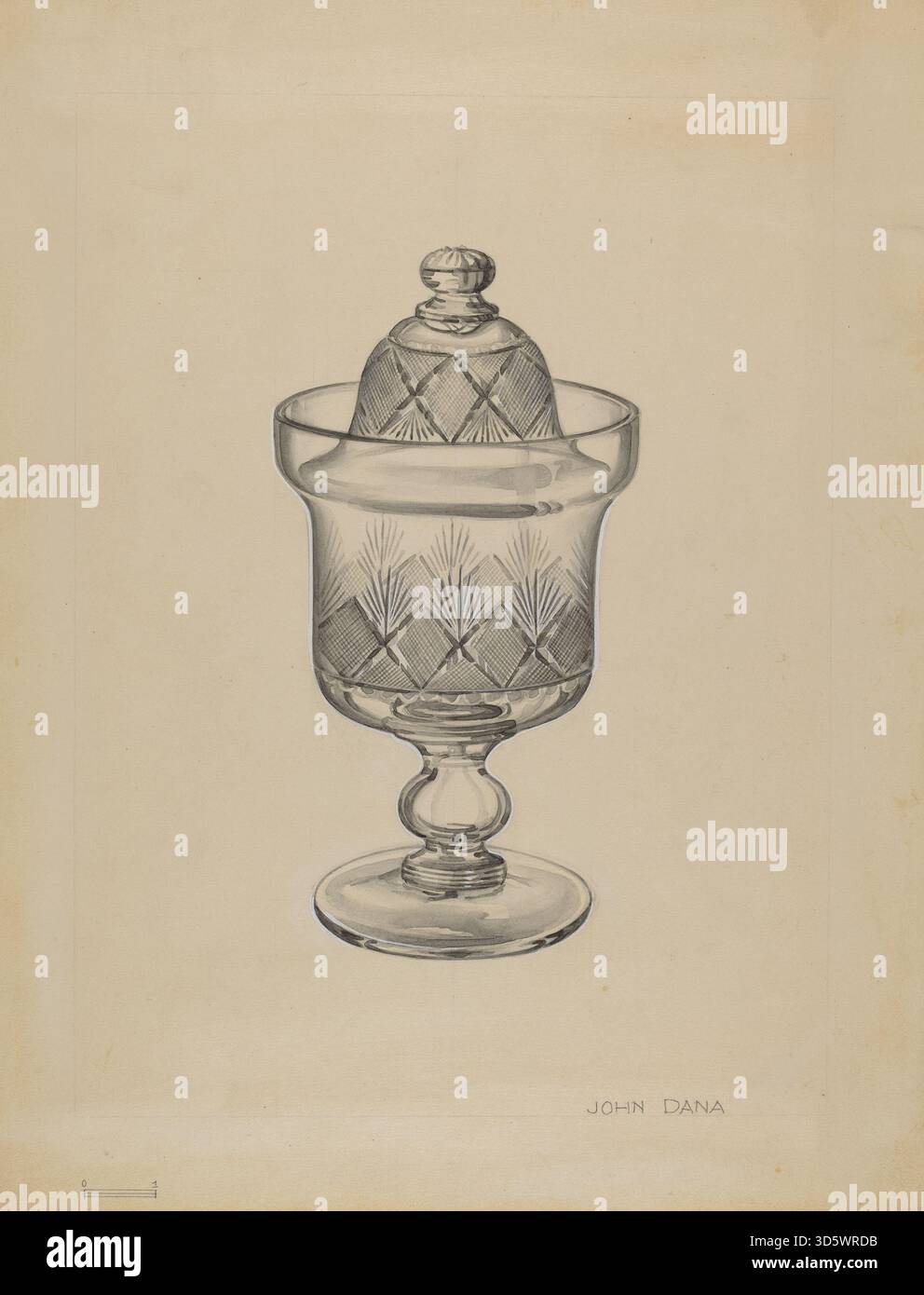 Questo zuccherificio del 1936 con coperchio di John Dana presenta un corpo circolare, coperchio a cupola, smalto liscio e dettagli decorativi minimali, che riflettono le qualità funzionali ed estetiche delle ceramiche da studio della metà del XX secolo. Foto Stock