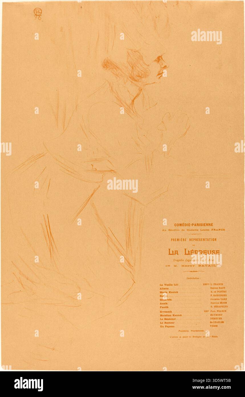 Programma di Henri de Toulouse-Lautrec dal 1896 per "la lépreuse", con figure in costumi teatrali, illustrazione stilizzata e tipografia decorativa tipica dei programmi teatrali della Belle Époque. Foto Stock