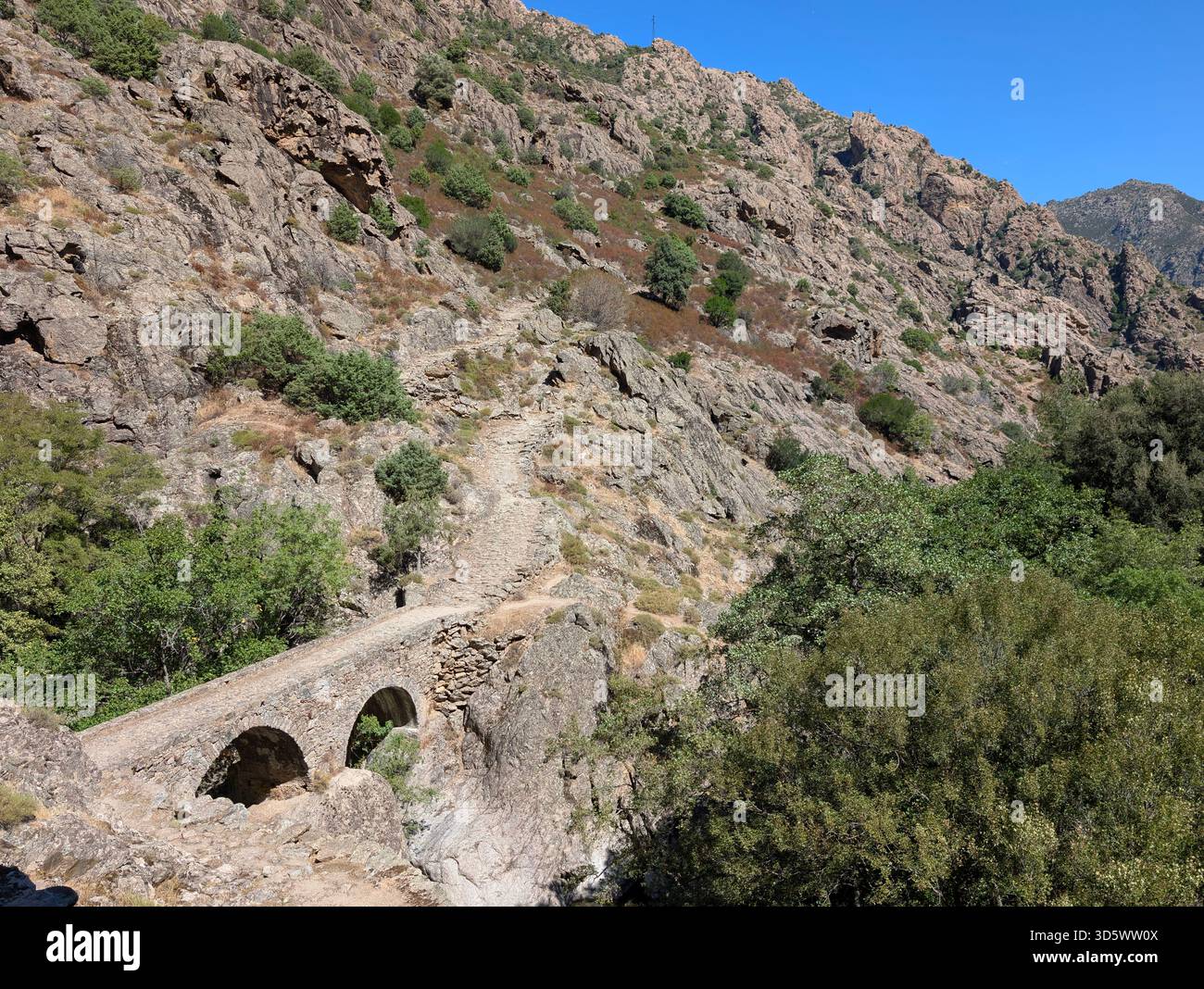 L'antico ponte in pietra Ponte di l'Accia sul sentiero escursionistico Scala di Santa Regina vicino a Corscia, nel centro della Corsica, alla luce del sole Foto Stock