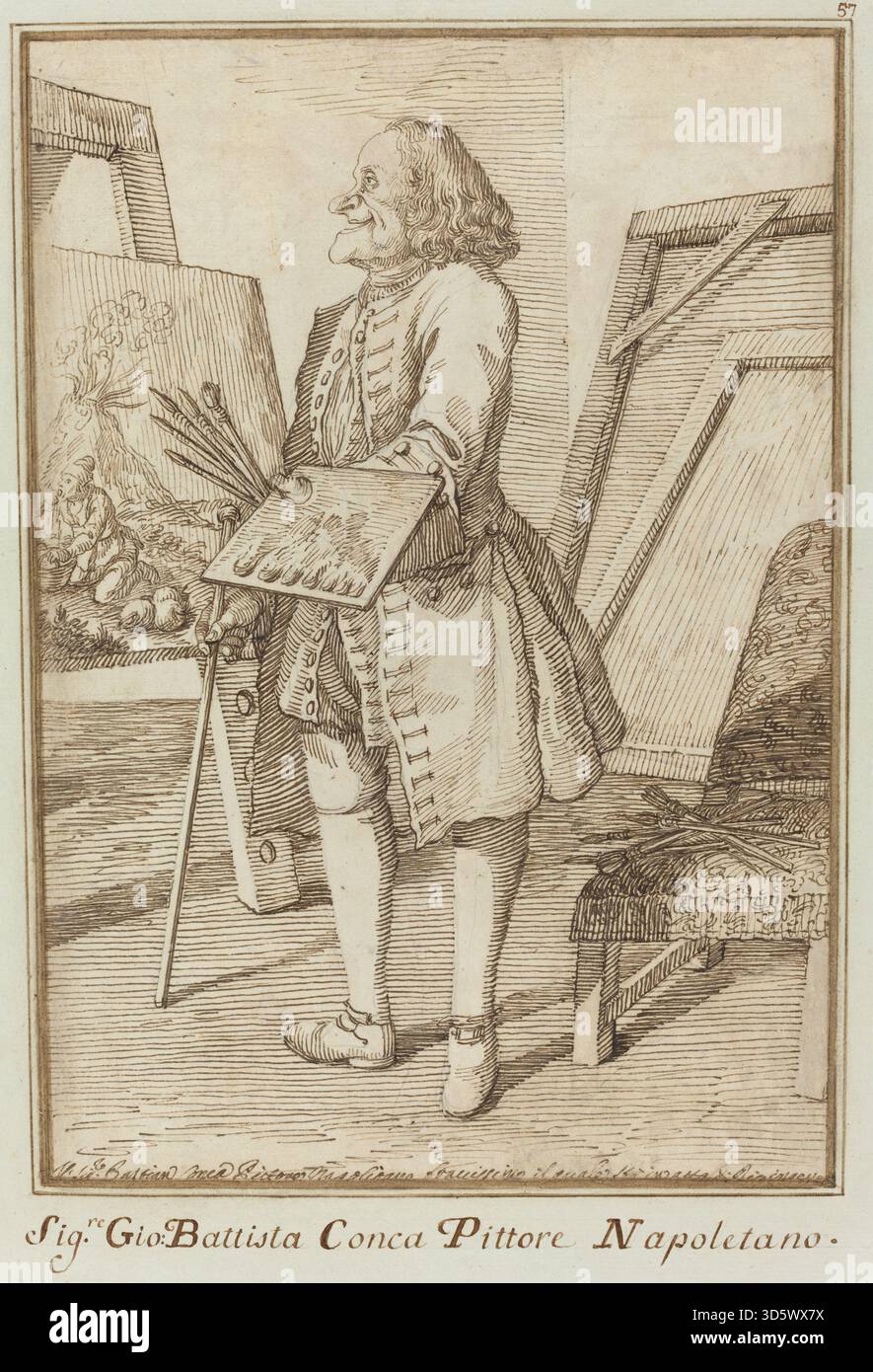 Un ritratto di Sebastiano Conca, pittore napoletano, di Pier Leone Ghezzi, realizzato tra il 1734 e il 1755, che mostra il pittore italiano noto per le composizioni religiose e storiche, con un'attenta attenzione alle caratteristiche facciali e all'abbigliamento. Foto Stock