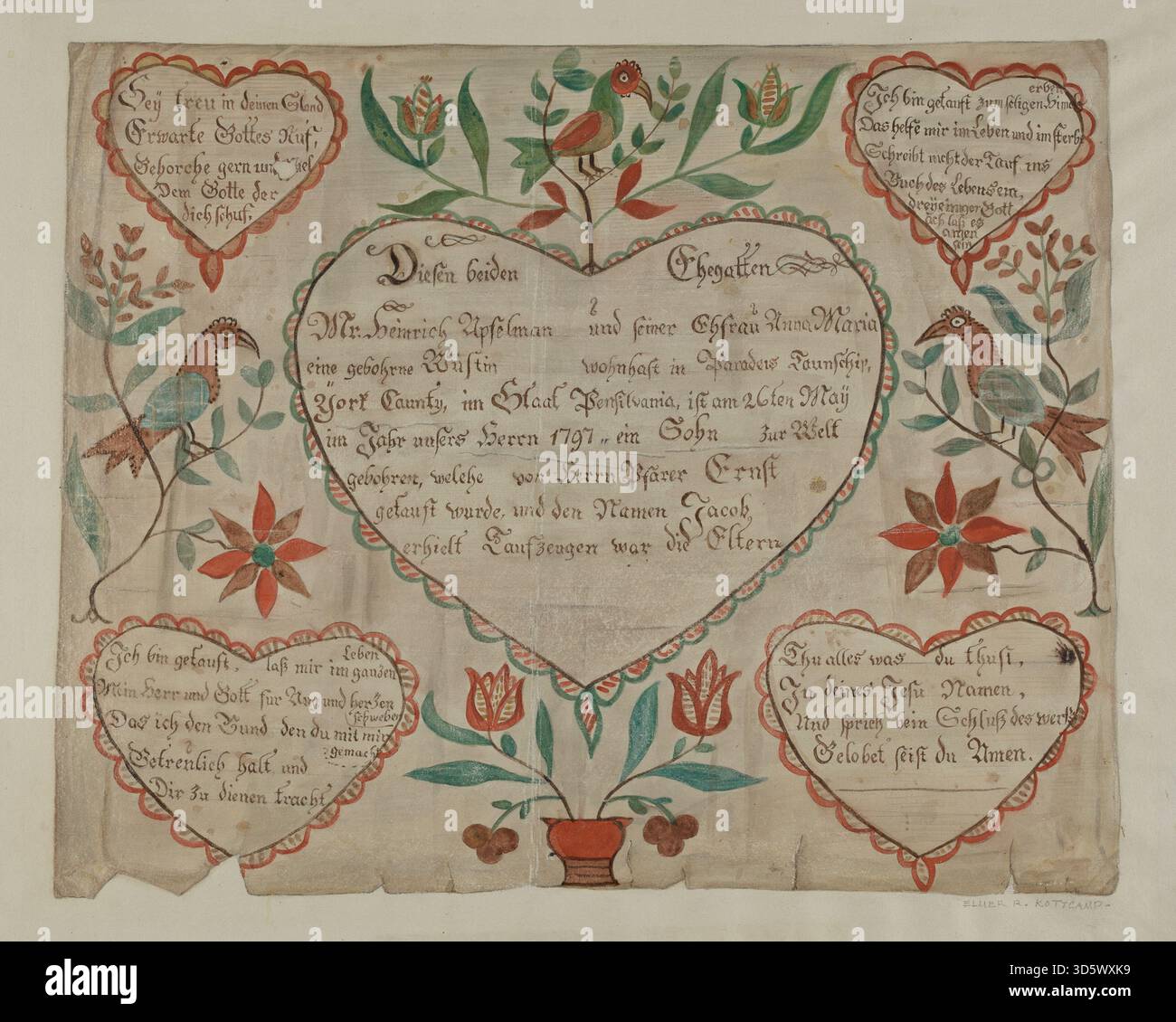 Il lavoro di Elmer R. Kottcamp, intorno al 1940, è un certificato di nascita e battesimo tedesco della Pennsylvania. Presenta testo scritto a mano, bordi decorativi, motivi floreali e illustrazioni simboliche che segnano la registrazione degli eventi di nascita e battesimo. Foto Stock