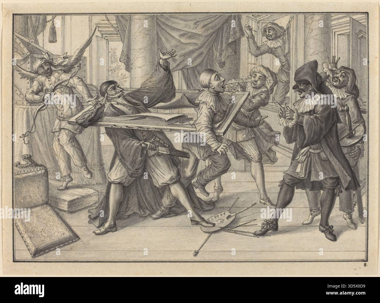 Questa incisione di Johann Jacob Schübler, intorno al 1729, raffigura Mezzetin e Arlecchino usando una cornice come strumento per catturare Pantaloon e Pierrot. La composizione mette in evidenza costumi teatrali, interazioni con i personaggi e narrazioni giocose all'interno della tradizione della commedia dell'arte. Foto Stock
