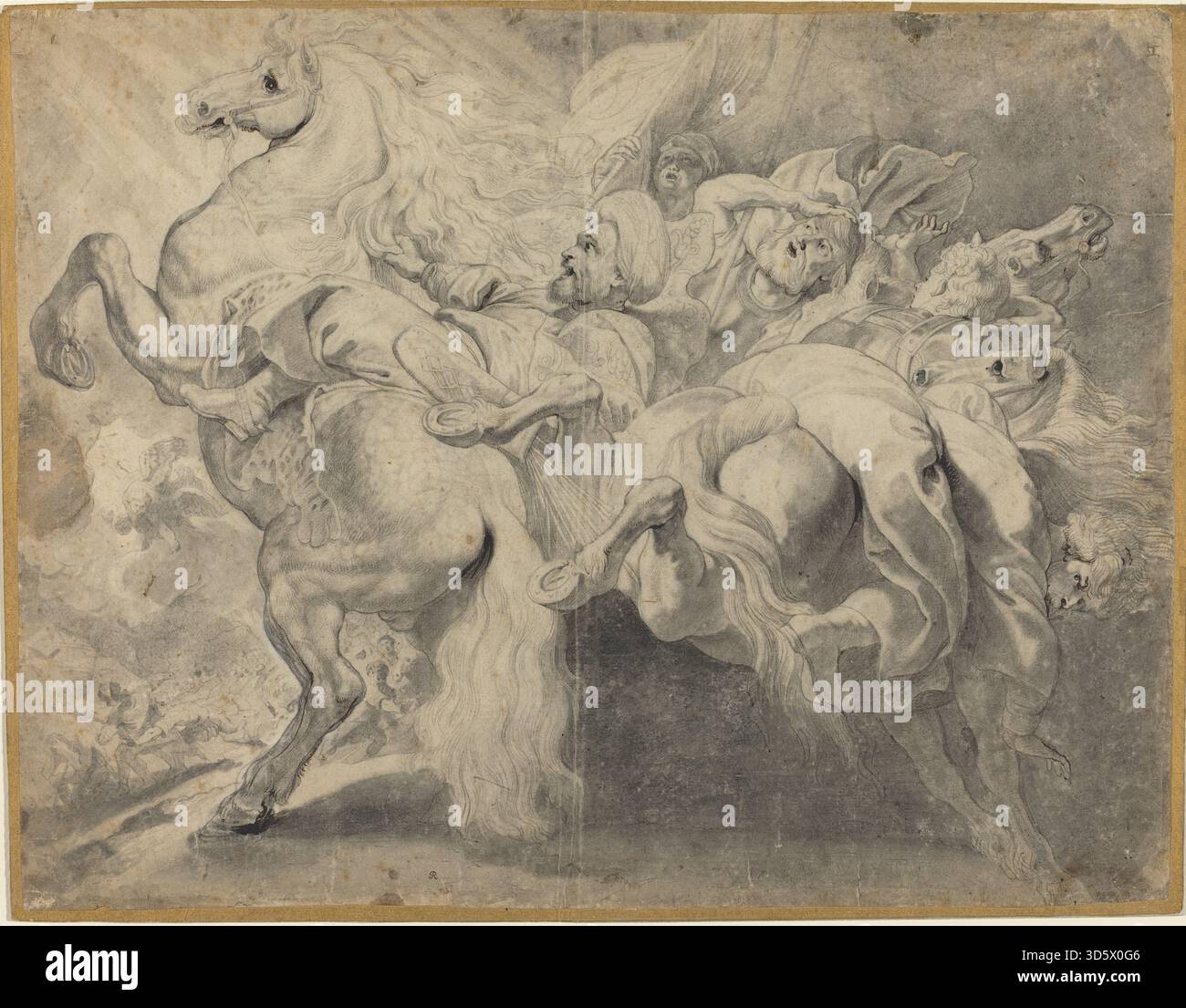 L'incisione di Pieter Claesz Soutman e Sir Peter Paul Rubens 1618–1620 descrive la sconfitta di Sennacherib con soldati, cavalli, battaglia, gesti ed elementi biblici in una composizione storica. Foto Stock