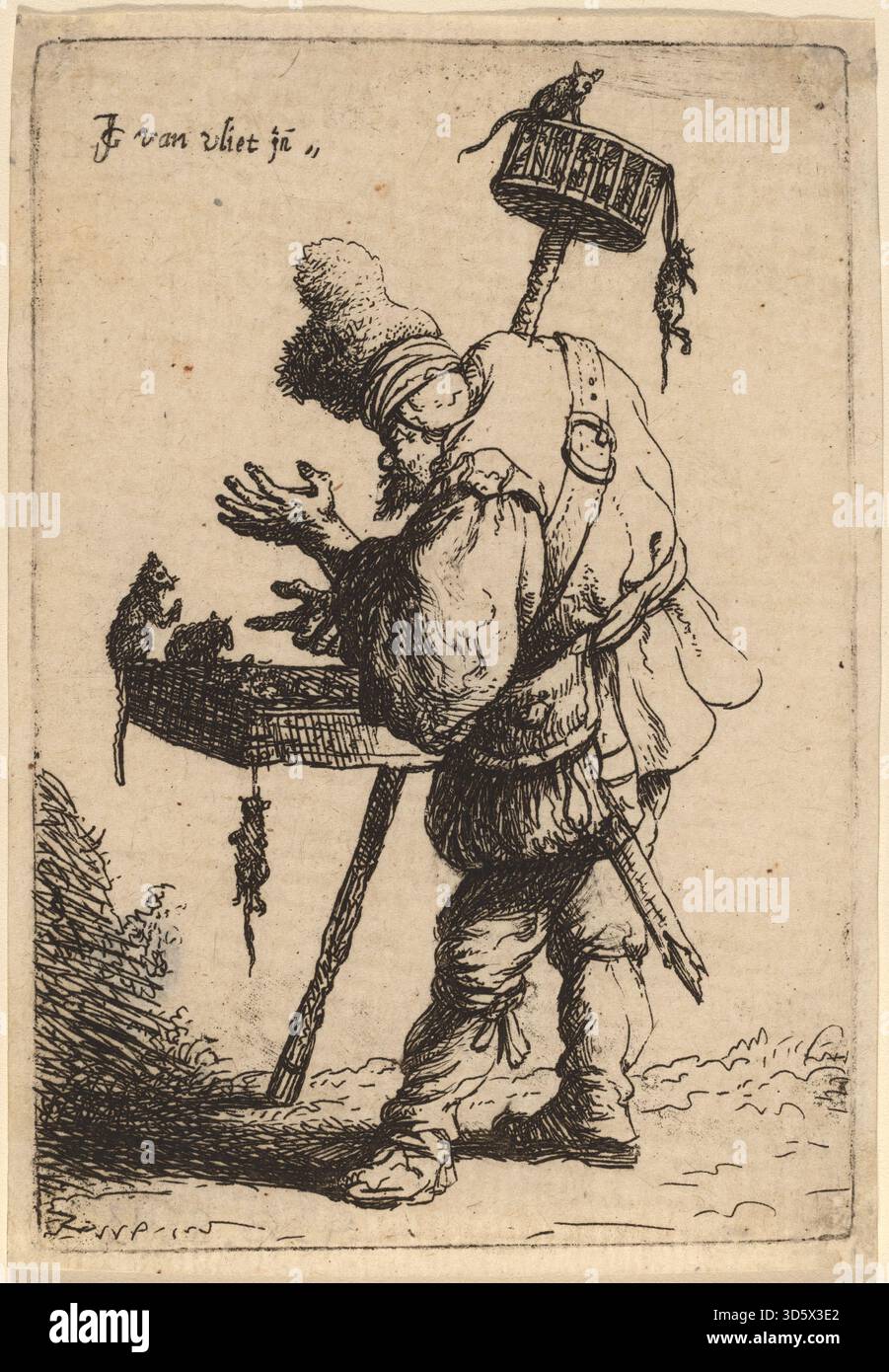 In questa incisione del 1632 di Johannes van Vliet la scena mostra un uomo anziano nel ruolo di un topo-catcher che tiene in mano un vassoio su cui appaiono i topi mentre una trappola a mano lunga si appoggia contro la sua spalla. L'immagine cattura una mite occupazione del periodo in forma di stampa dettagliata, con un lavoro di linea sottile che enfatizza la figura, i suoi attrezzi e i piccoli animali in una composizione compatta. Foto Stock
