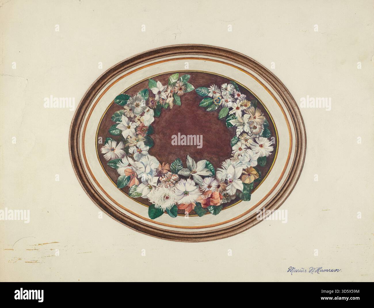 Questo acquerello e grafite su carta degli artisti americani Marius Hansen e Edith Towner, datato intorno al 1940, raffigura una corona decorativa composta da piume, resa con un'attenta attenzione alla consistenza e alla forma. Le dimensioni moderate (circa 26,7 x 35,7 cm) collocano il lavoro all'interno dell'archivio Index of American Design che documenta gli oggetti americani di uso quotidiano. ©Galleria Nazionale d'Arte Foto Stock